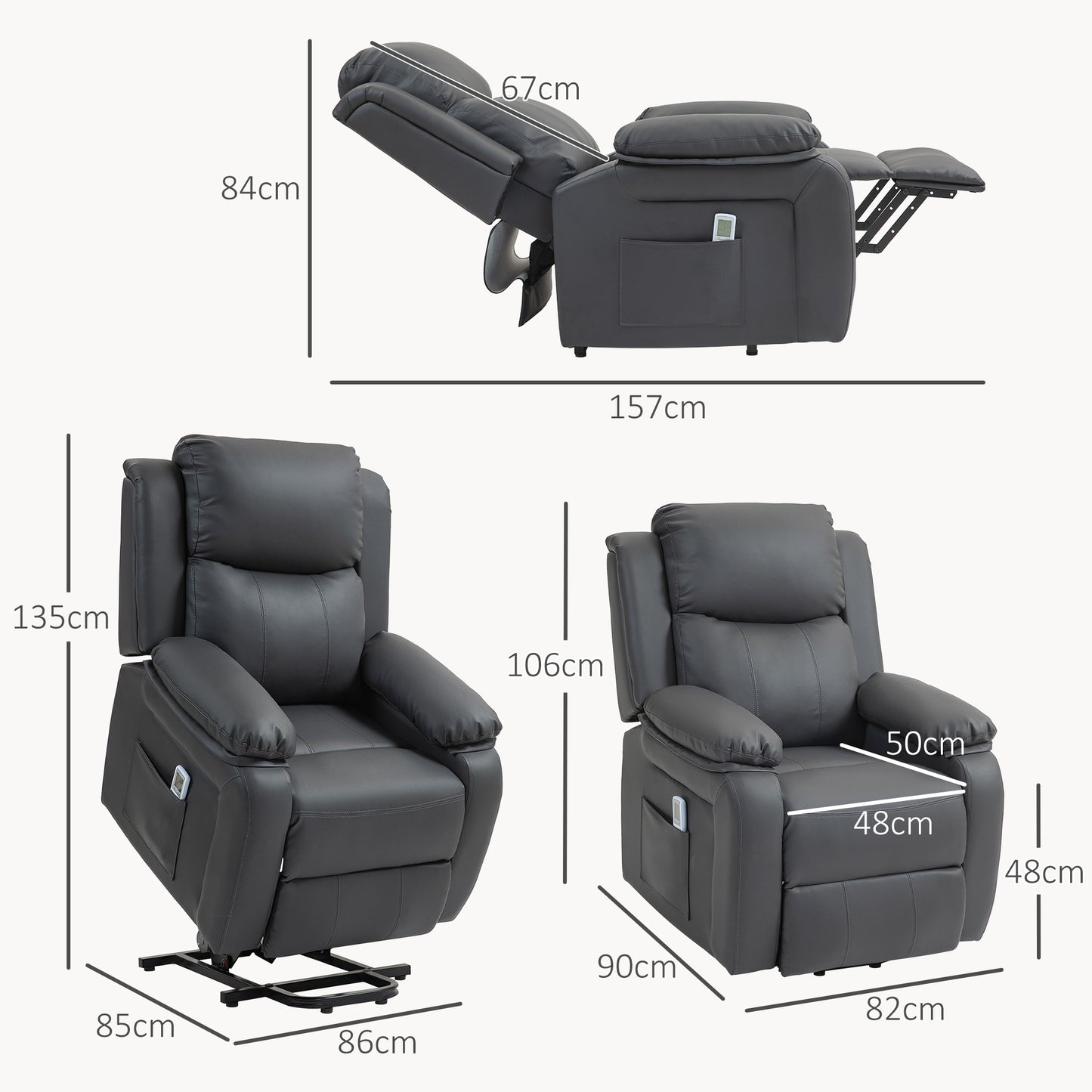 HOMCOM Riser and Recliner Chair with Vibration Massage, PU Leather Power Lift Chair for Elderly, Dark Grey