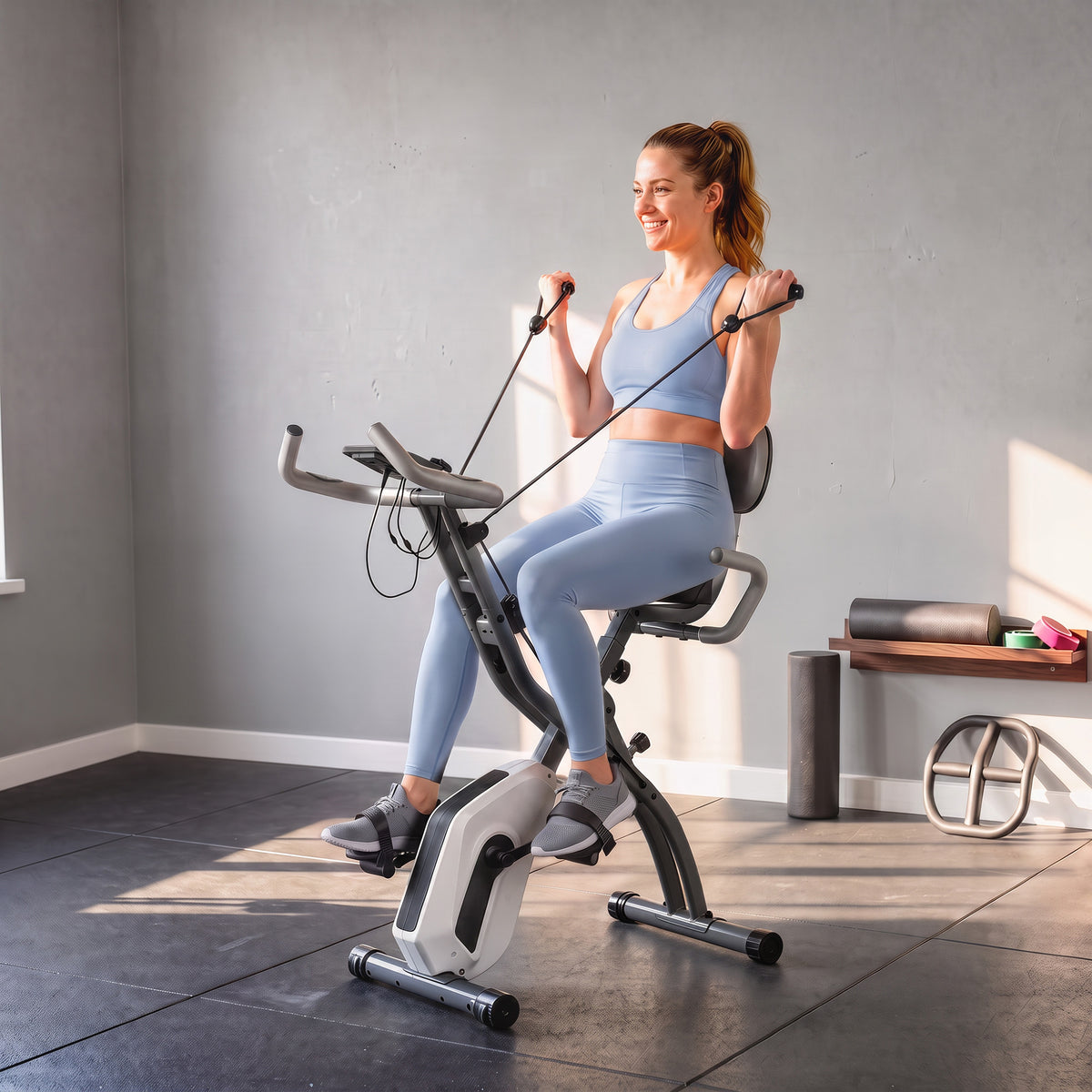 SPORTNOW 4-In-1 Folding Exercise Bike with Resistance Bands, Bluetooth App, 8-Level Magnetic Resistance, LCD Display, Grey