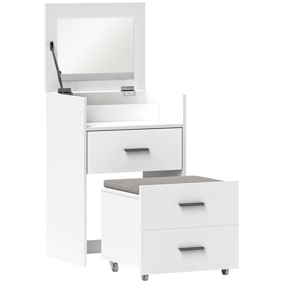 HOMCOM Vanity Desk with Mirror, Modern Dressing Table and Stool w/2 Drawers, Wheels, Flip-Up Mirror, Shelf, White Default Title