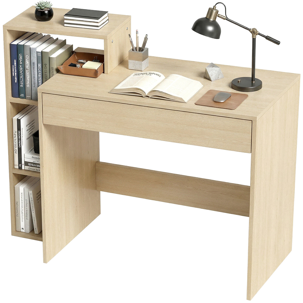 HOMCOM Desk with Storage, Computer Desk with 3 Open Shelves and Drawer, Workstation, Computer Table, Natural