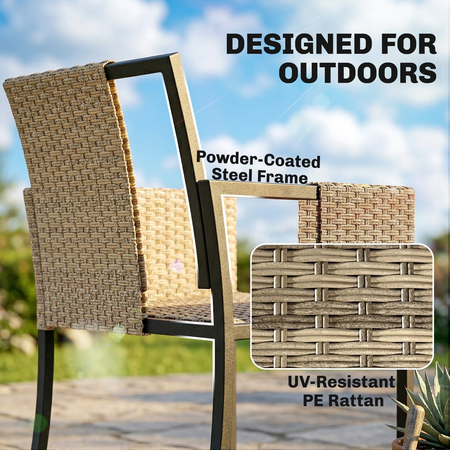 Outsunny 7 Piece Rattan Garden Furniture Set, Garden Dining Set with Wood-Plastic Table and 6 Stackable Chairs, Dark Grey