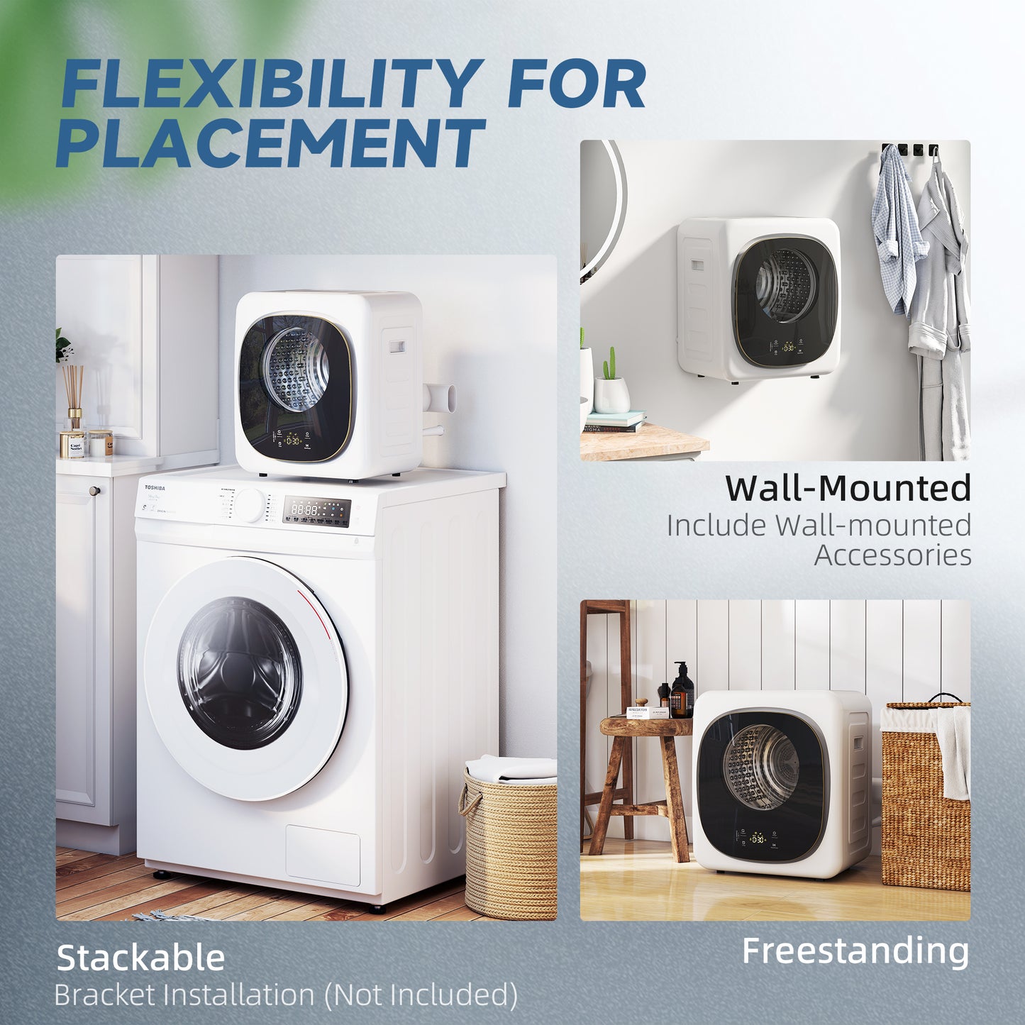 HOMCOM 4kg Vented Tumble Dryer, 800W Compact Freestanding Front Tumble Dryer with 5 Drying Mode, Smart Sensor, Timer and Stainless Steel Tub, Wall-Mounted Portable Small Clothes Drying Machine, White