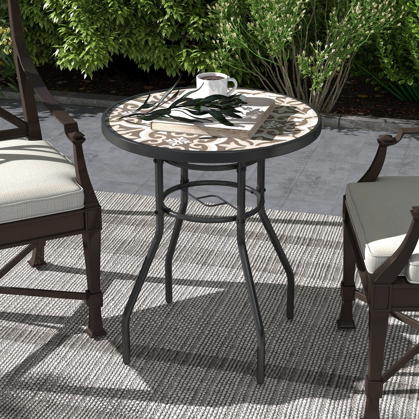 Outsunny 60 Garden Table, with Glass Printed Tabletop - Brown