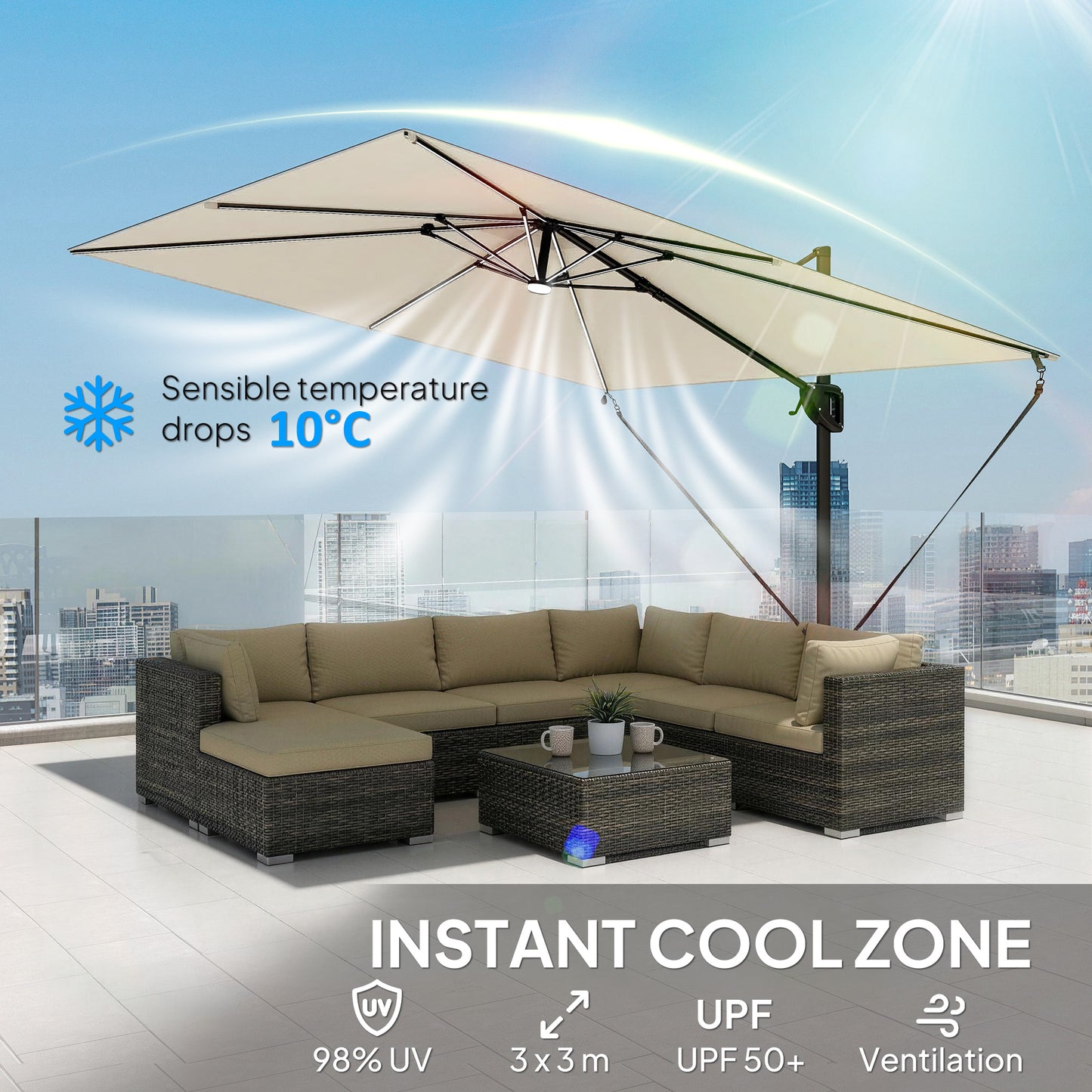 Outsunny 3 x 3 m Garden Cantilever Parasol w/ Light, Cover, UPF50+ Patio Umbrella w/ Wind Protection, 360Â° Rotation, Cream White