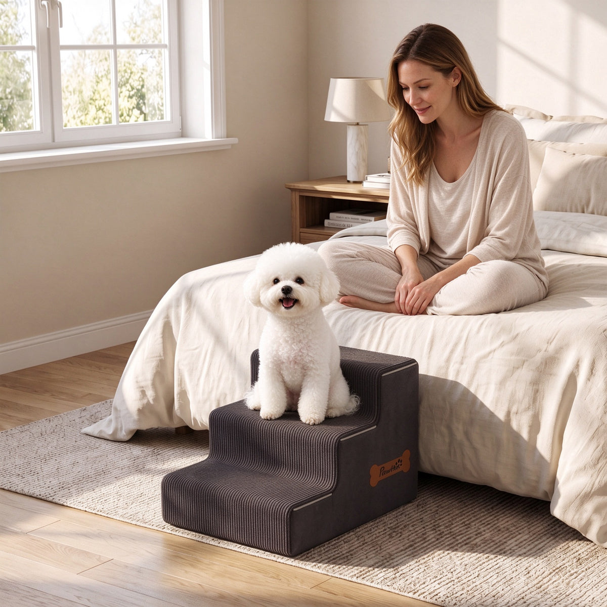 PawHut Dog Steps, 3-Step Dog Stairs for Bed and Sofa, Pet Stairs with Carry Handle, Washable Cover