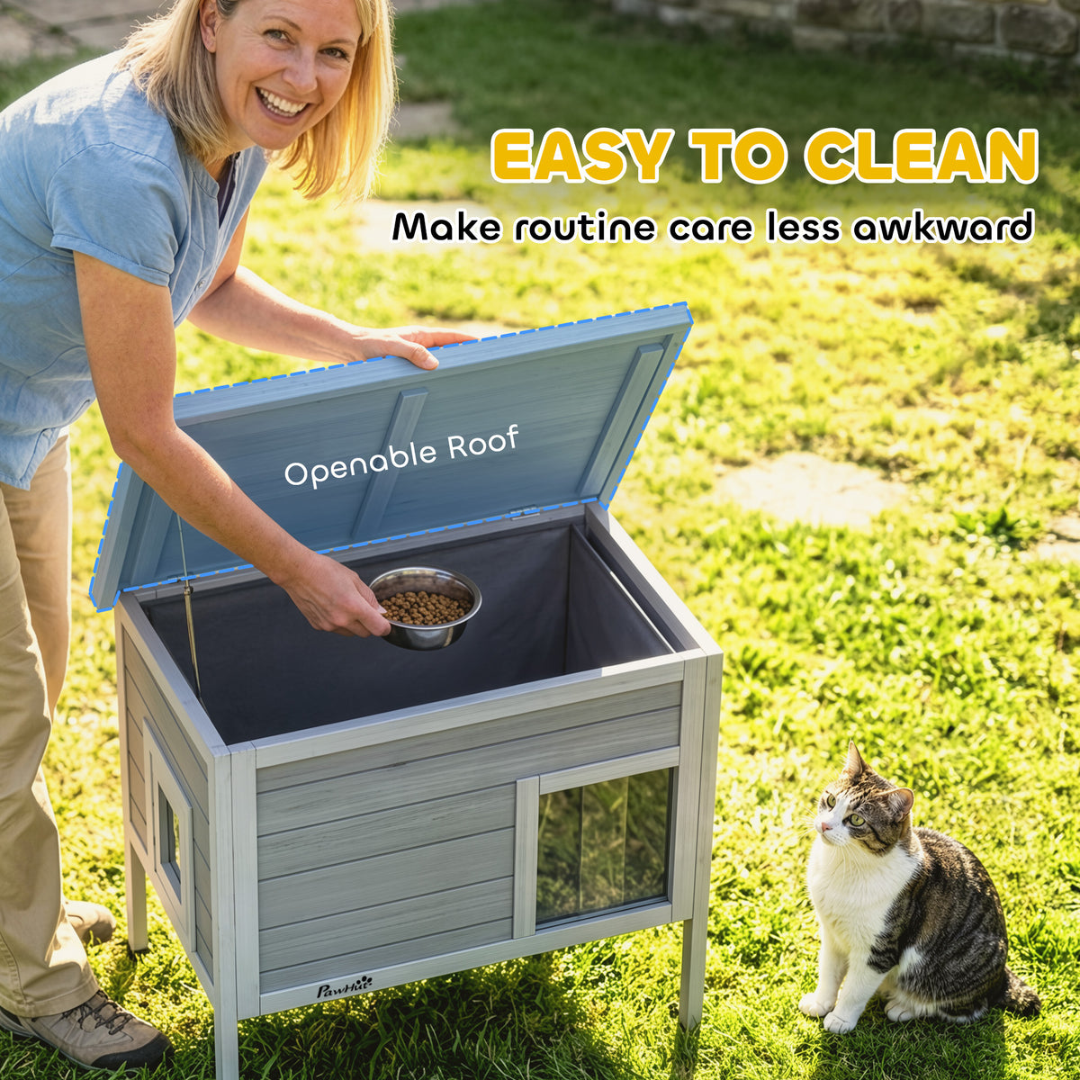 PawHut Outdoor Cat House, Insulated Cat Shelter with Insulated Liner, Waterproof Asphalt Roof, Escape Door, Opening Top