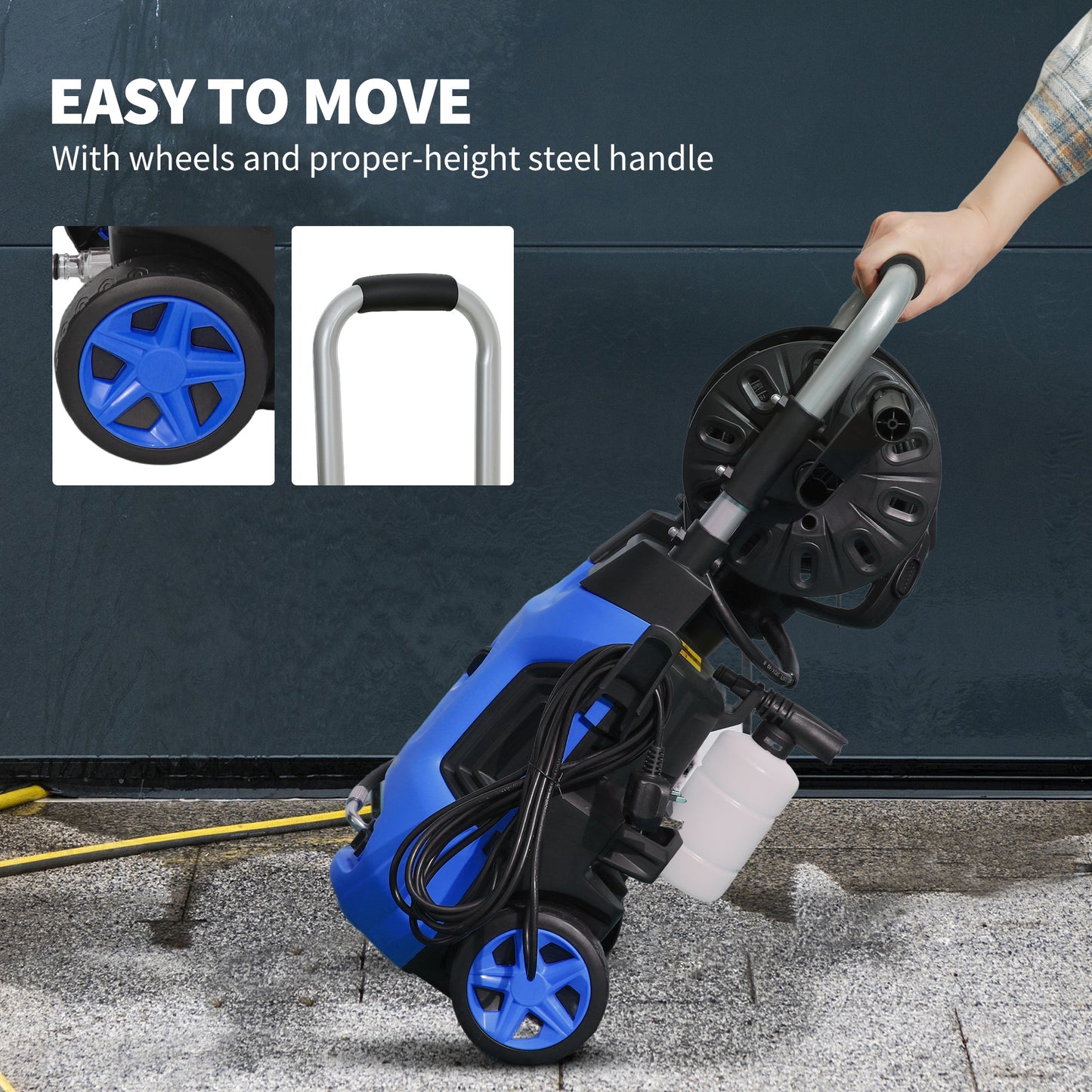 Outsunny 1800W High Pressure Washer, 150 Bar Pressure, 420 L/h Flow, Portable Power Washer Jet Wash Cleaner with Adjustable Nozzle, 6M Hose, Hose Reel, Steel Handle for Home Patio Car Driveway, Blue