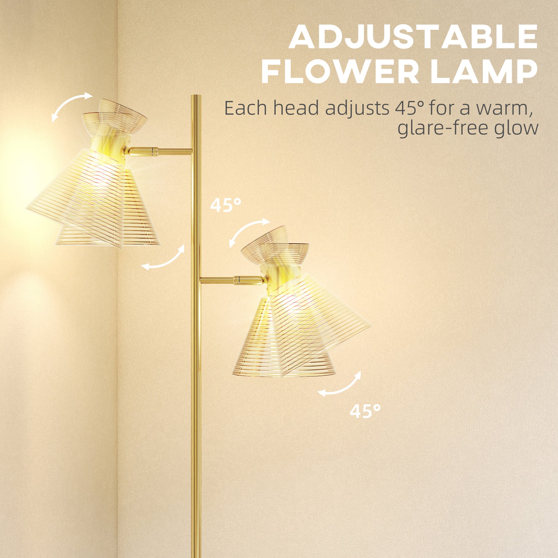HOMCOM Floor Lamp with Adjustable Dual Head, Modern Standing Lamp with Floral Glass Shades and Foot Switch for Living Room Bedroom, E27 Socket, Bulb Not Included, Gold Tone