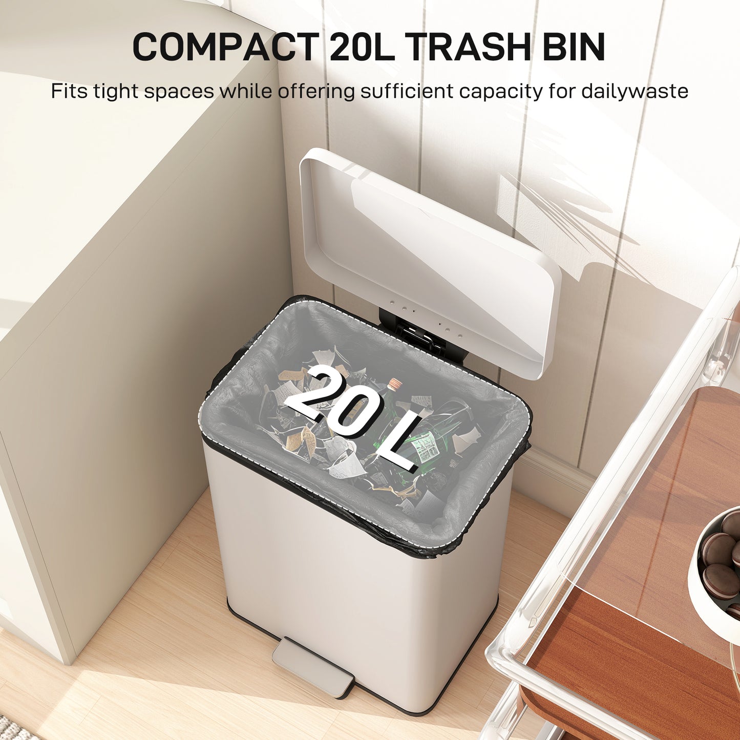 HOMCOM 20L Kitchen Bin with Soft-Close Lid and Stay-Open Function, Pedal Bin with Removable Inner Bucket for Kitchen, Office, Home, Cream