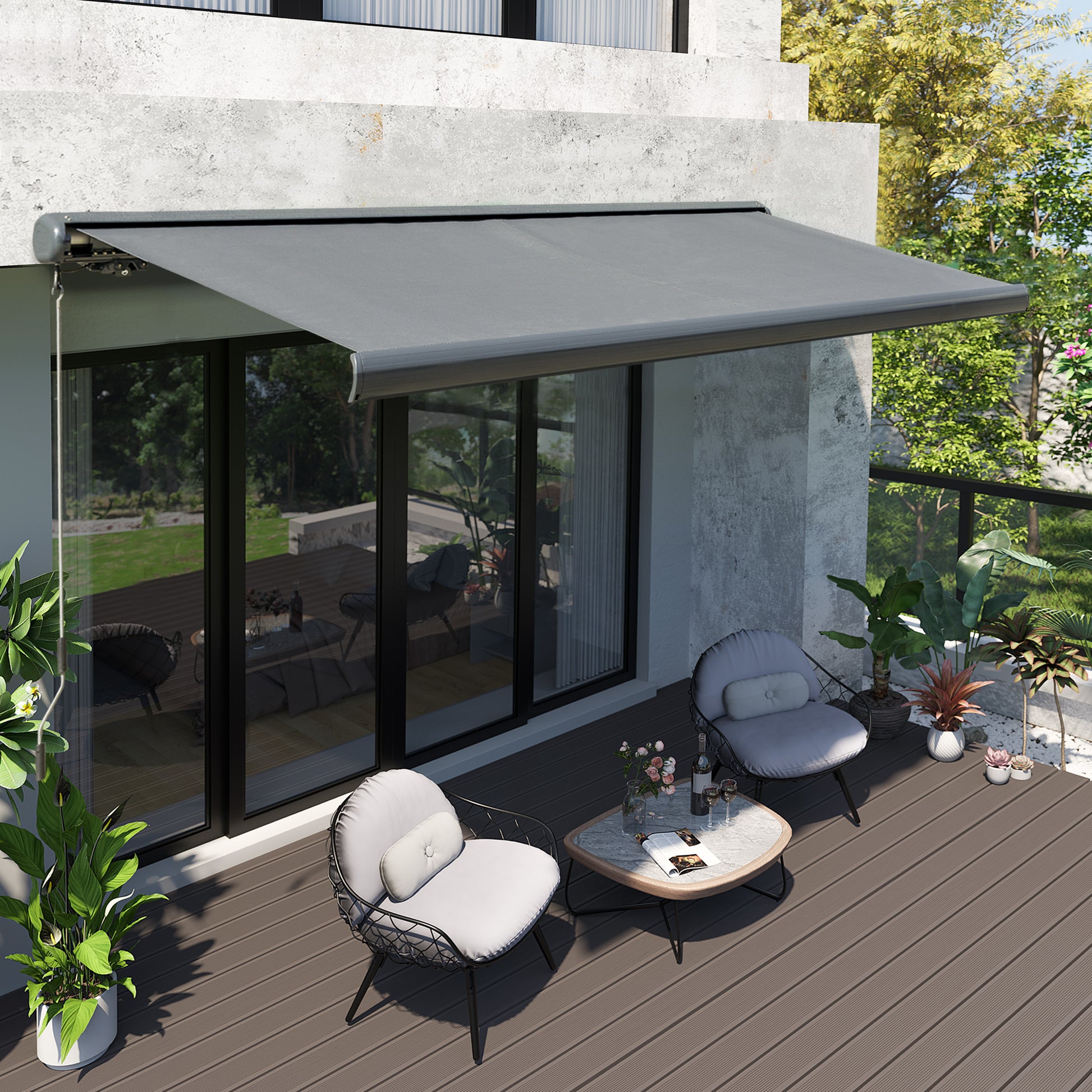 Outsunny 3.5 x 3m LED Light Full Cassette Case Electric Awning for Home Sun Shade with 40m Remote Controller, Grey
