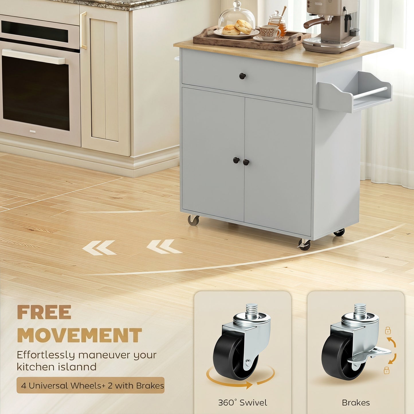 HOMCOM Kitchen Island with Drop Leaf, Rolling Kitchen Storage Trolley on Wheels with Drawer, Spice Rack and Towel Rack, Grey