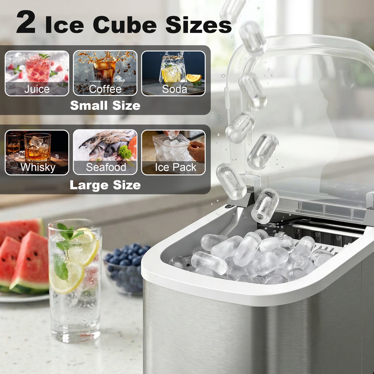 HOMCOM Ice Maker Machine Countertop, 9 Cubes Ready in 7 Mins, 12 KG in 24Hrs, 2 Sizes of Bullet, Self-Cleaning Ice Machine with Handle, Scoop & Basket for Home Kitchen Office RV, Stainless Steel