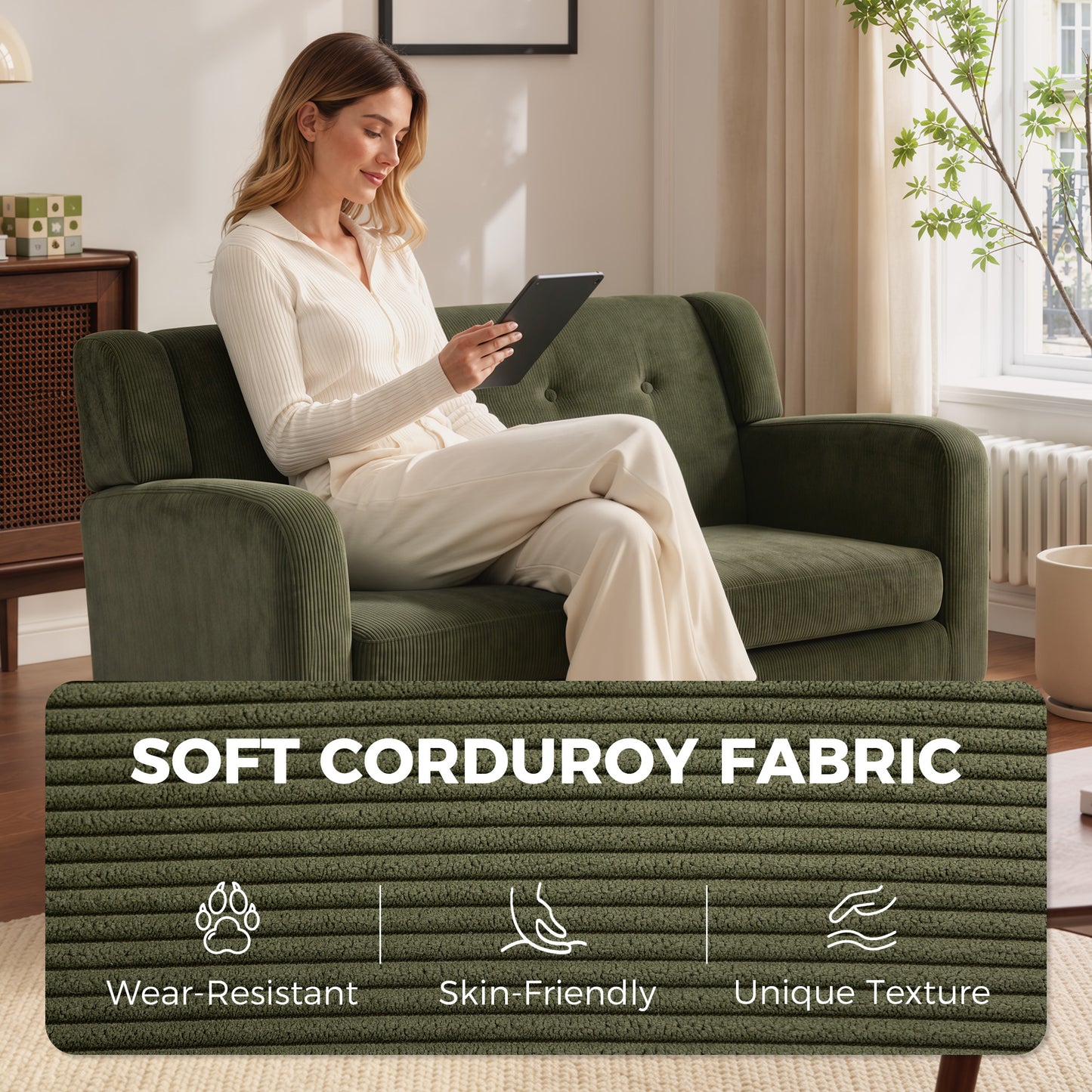 HOMCOM 2 Seater Sofa, 118 cm Corduroy Small Loveseat with Spring Cushion, Wood Legs for Small Space, Living Room, Dark Green