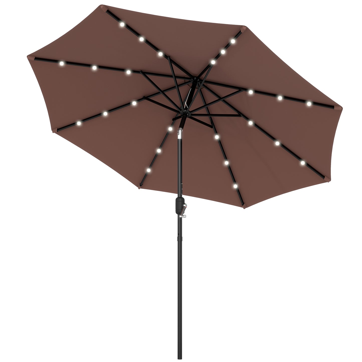 Outsunny Î¦2.7m Garden 24 LED Light Parasol Solar Outdoor Tilt Sun Umbrella Patio Club Party Event Manual Sun Shade w/ Hand Crank and 8 Ribs, Brown