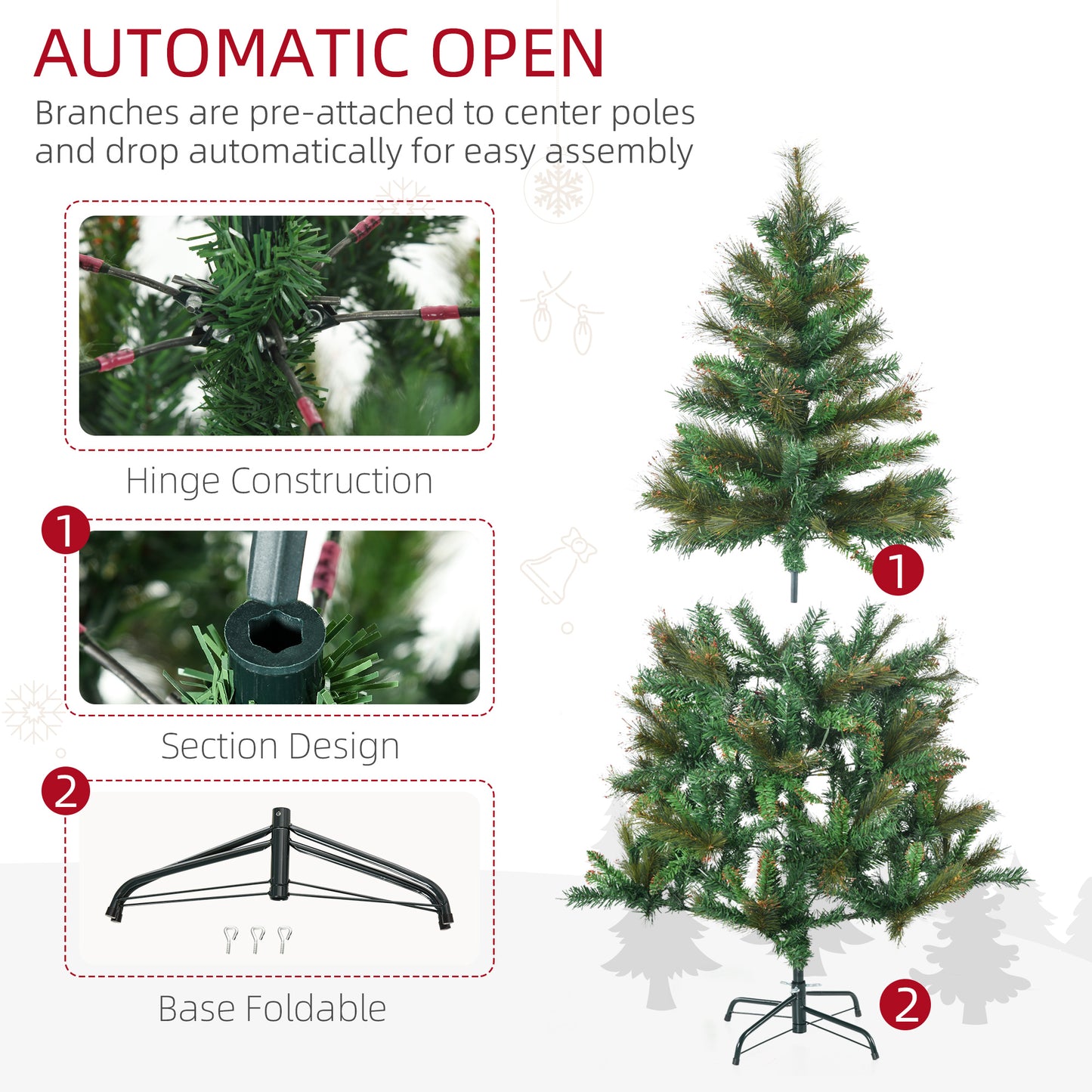 HOMCOM 1.5m 5ft Pre-Lit Christmas Tree Artificial Spruce Xmas Tree Warm White LED Holiday DÃ©cor with Metal Stand