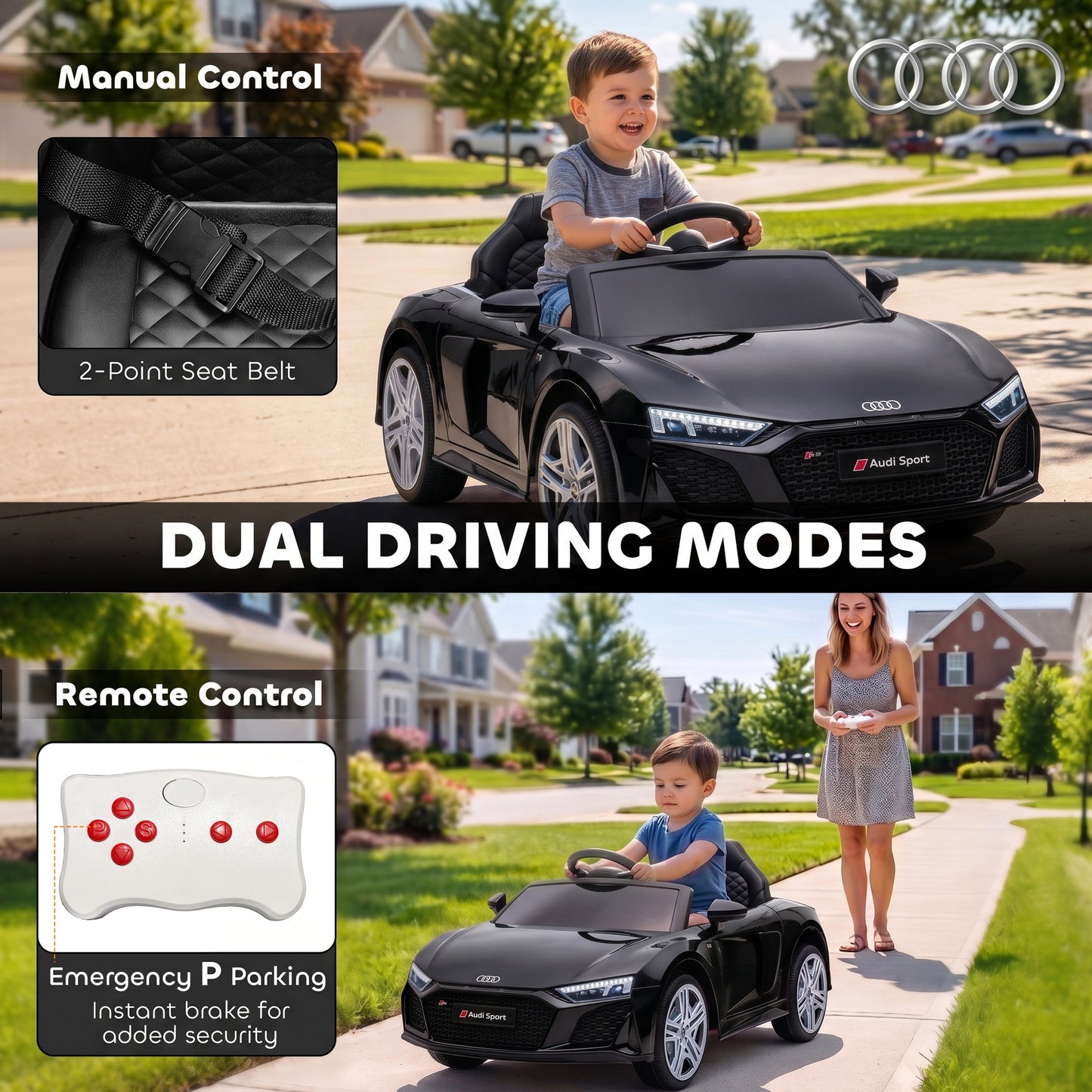 AIYAPLAY Licensed Audi R8 Spyder 12V Electric Car for Kids with Remote Control, Dual Motors, Rear Suspension, Soft Start, Black
