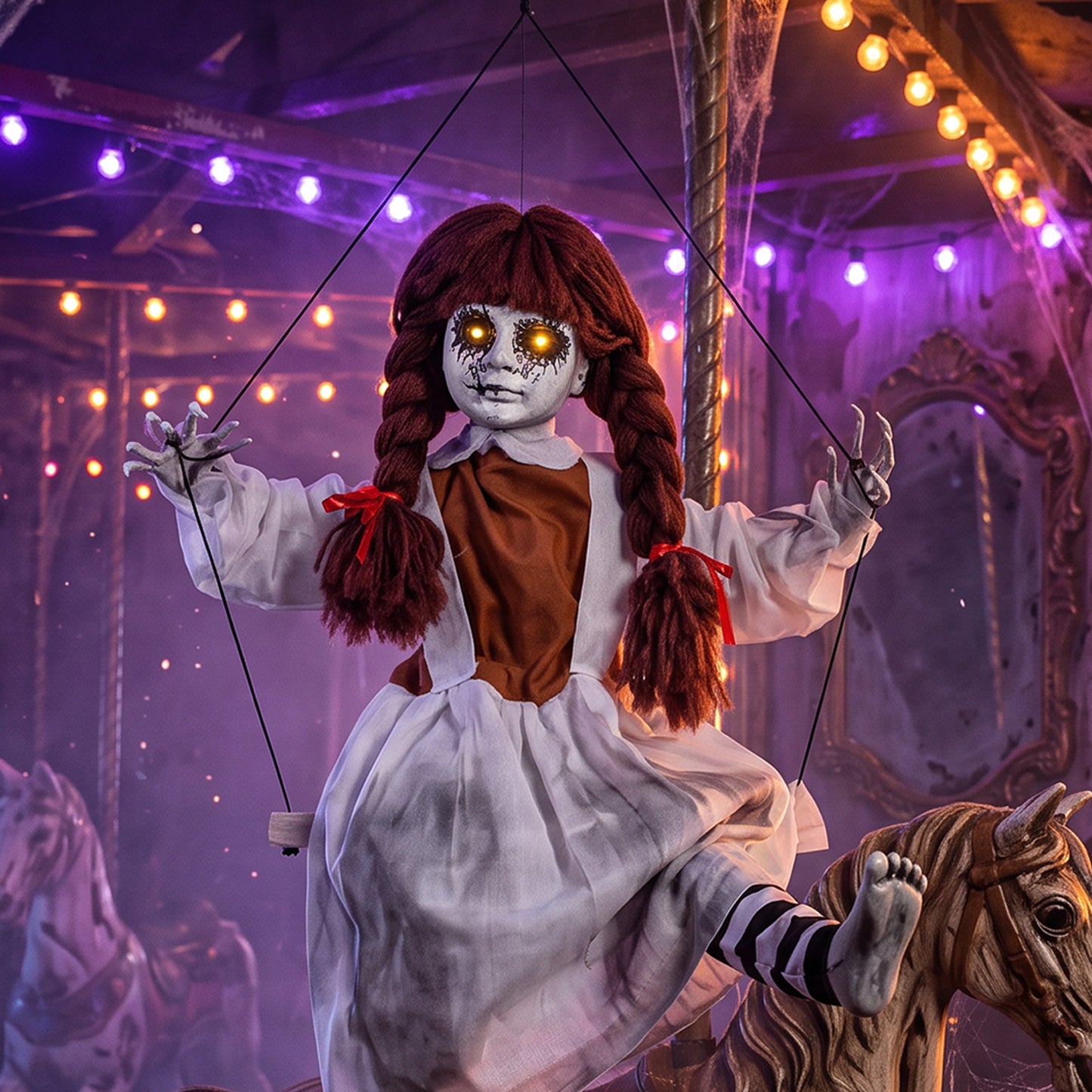 HOMCOM 80 cm Halloween Animated Hanging Creepy Girl on Swing Decoration, Kicking Legs, Sound and Touch Activated