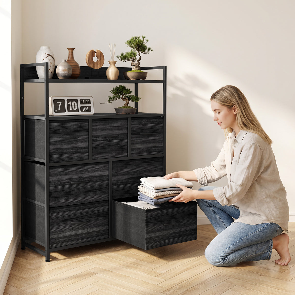 HOMCOM Chest of Drawers, Bedroom Fabric Dresser with 7 Drawers, Storage Organiser Unit with Open Shelves, Black Wood-Effect