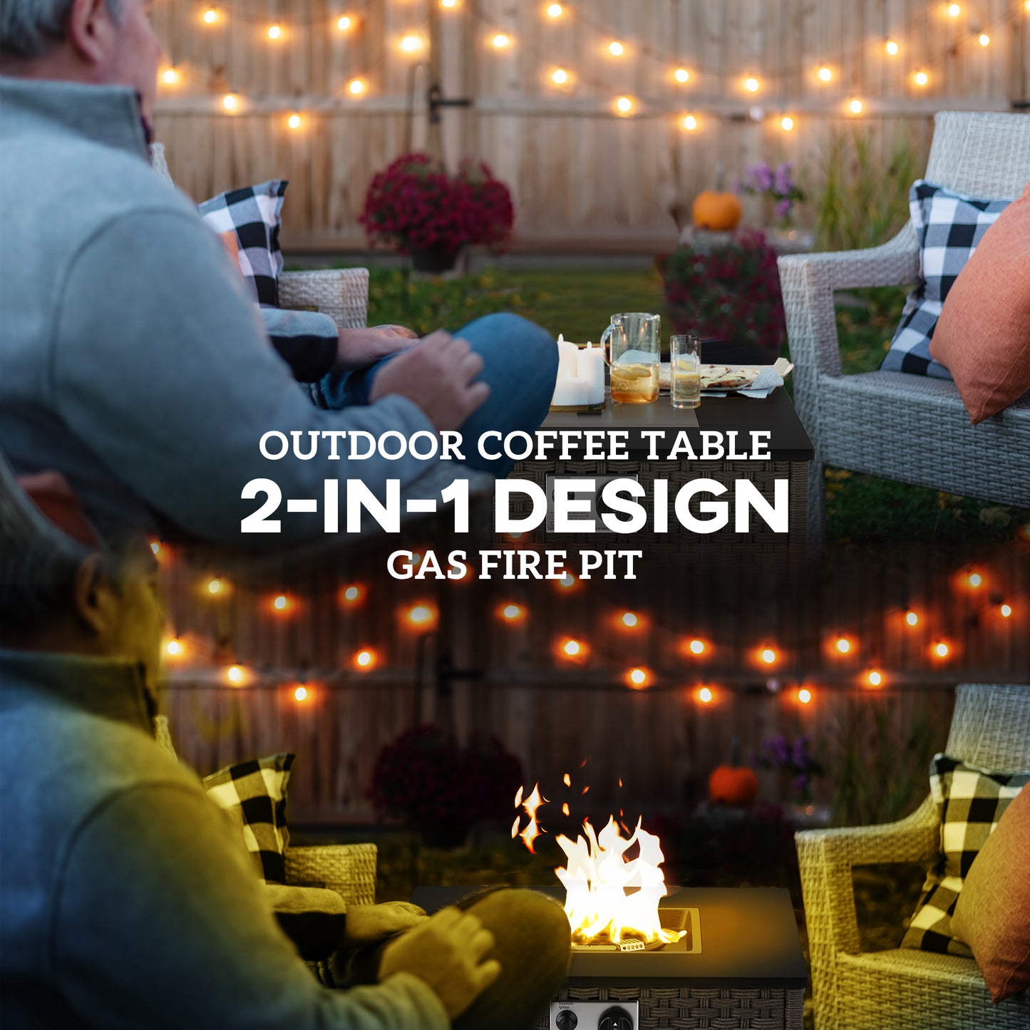 Outsunny Rattan Gas Fire Pit Table for Garden, 13 KW Smokeless Propane Fire Pit with Lid, Square Garden Coffee Table with Patio Heater for Outdoor, Patio, 58 x 58 x 33 cm, Grey