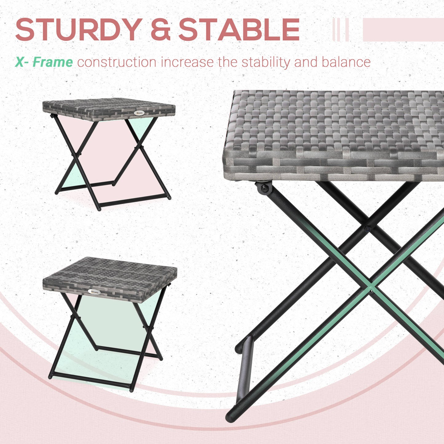 Outsunny Square PE Wicker Rattan Folding Table,Weather Resistant Wicker Weave Side Table with Steel Frame, Grey