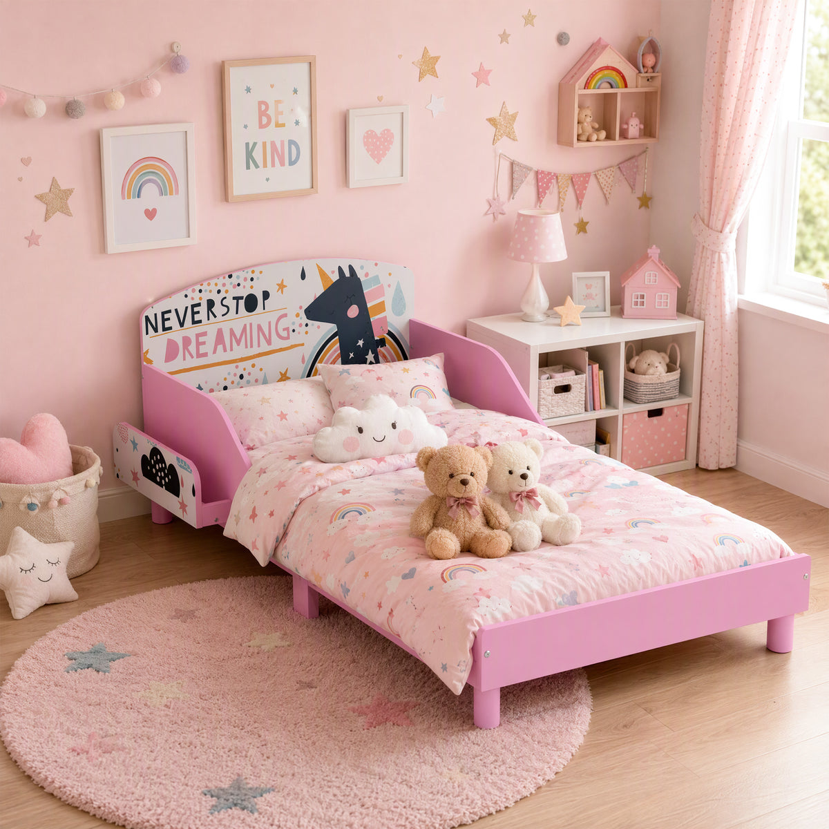 AIYAPLAY Toddler Bed with Bedside Storage and Guard Rails for 3-8, Fits 140 x 70 x 10cm Mattress, Pink Girl Print
