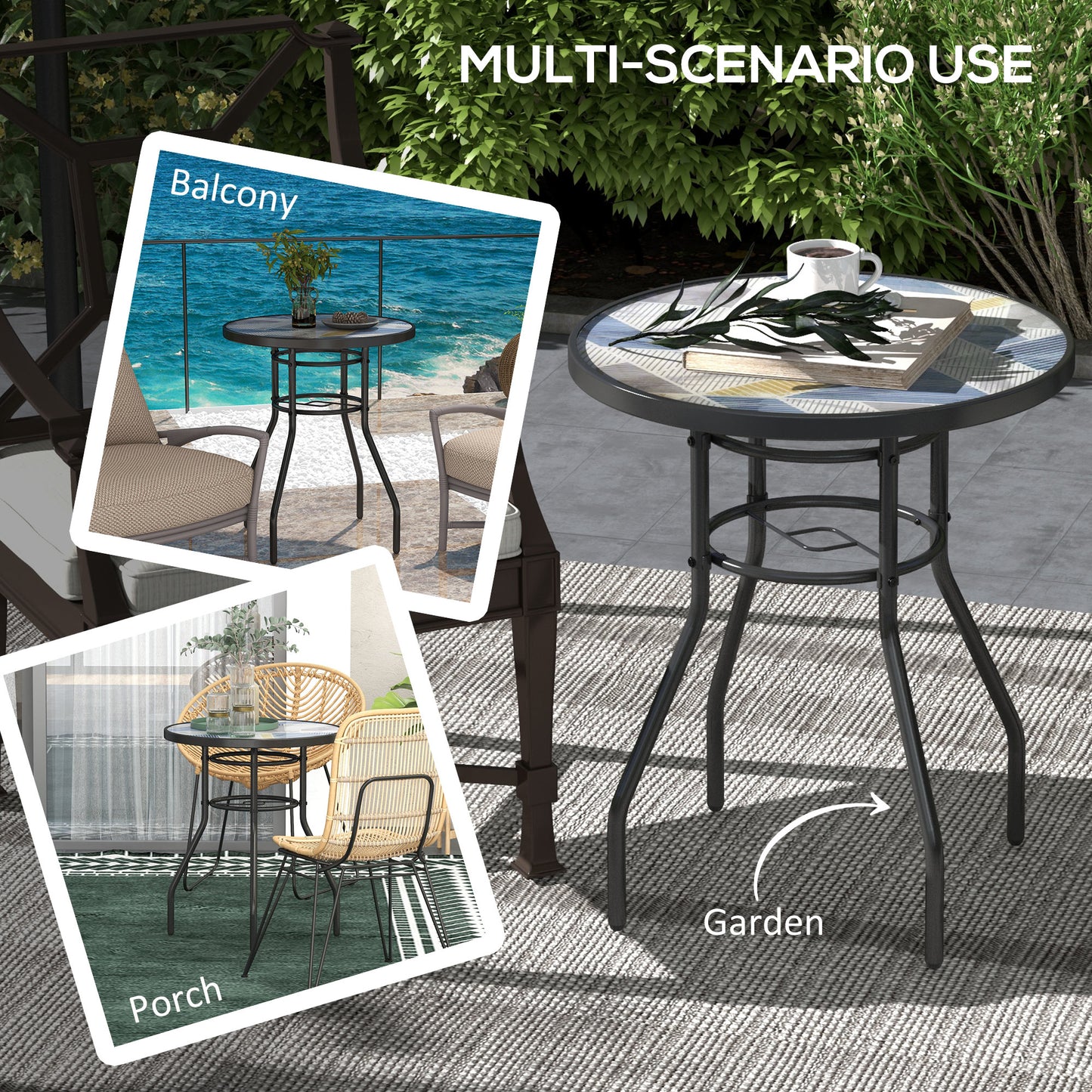 Outsunny 60 Garden Table, with Glass Printed Tabletop - Multicolour