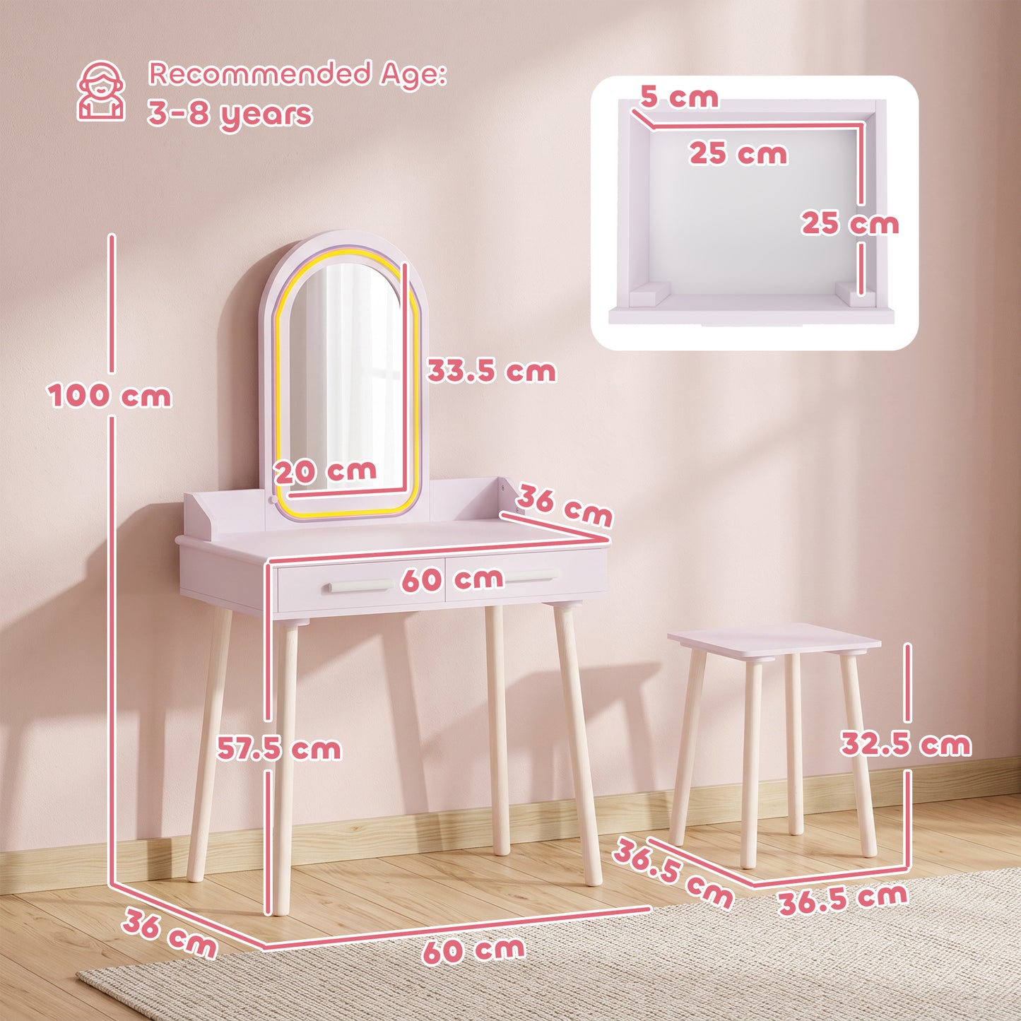 AIYAPLAY Kids Dressing Table, Girls Vanity Set with Stool, 3-Colour LED Lights Mirror, Large Drawer for Ages 3-8, Pink