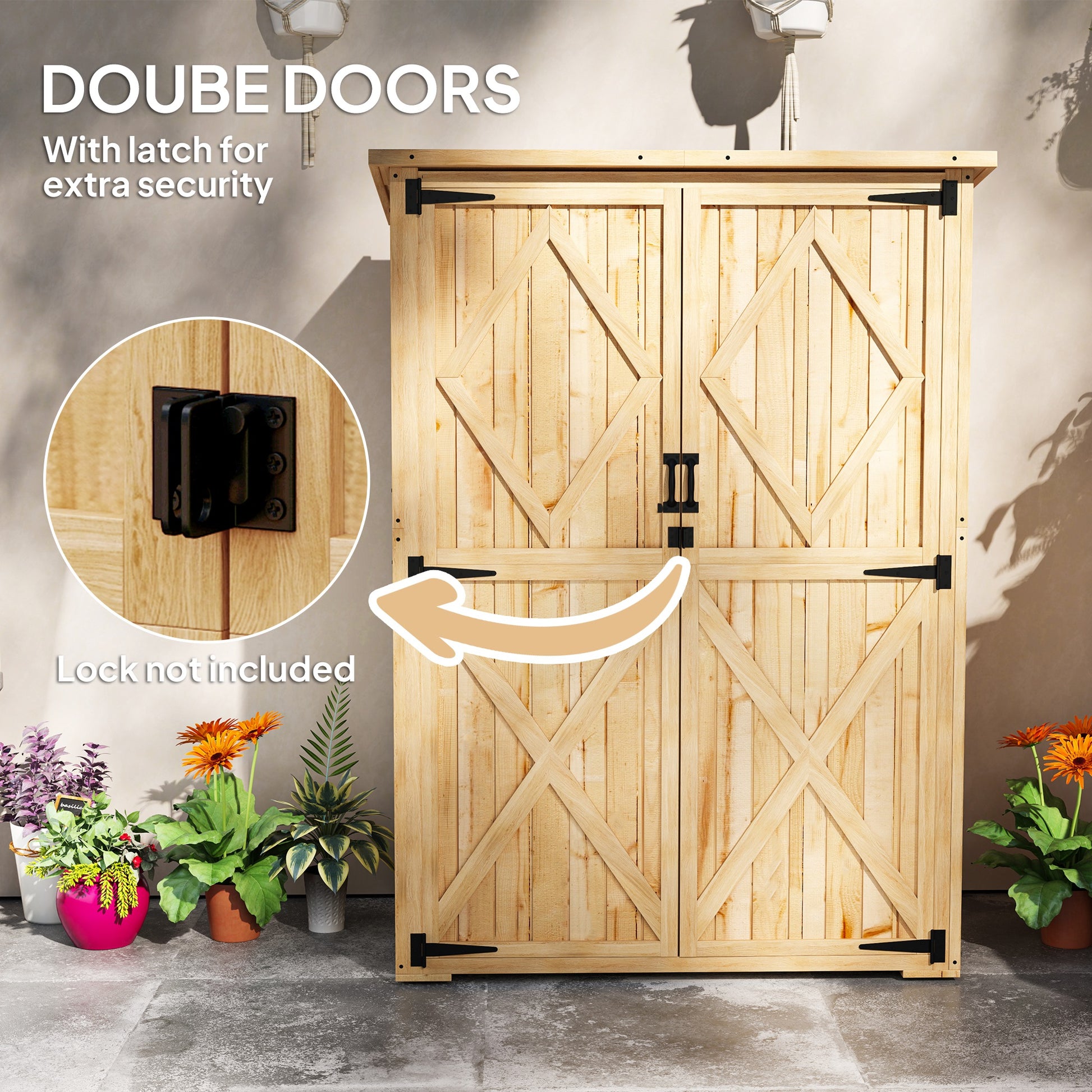Outsunny Wooden Garden Storage Shed, Tool Storage Cabinet with Asphalt Roof and 2 Shelves for Garden Tools, Equipment, Outdoor Tool Shed with Double Doors, Natural