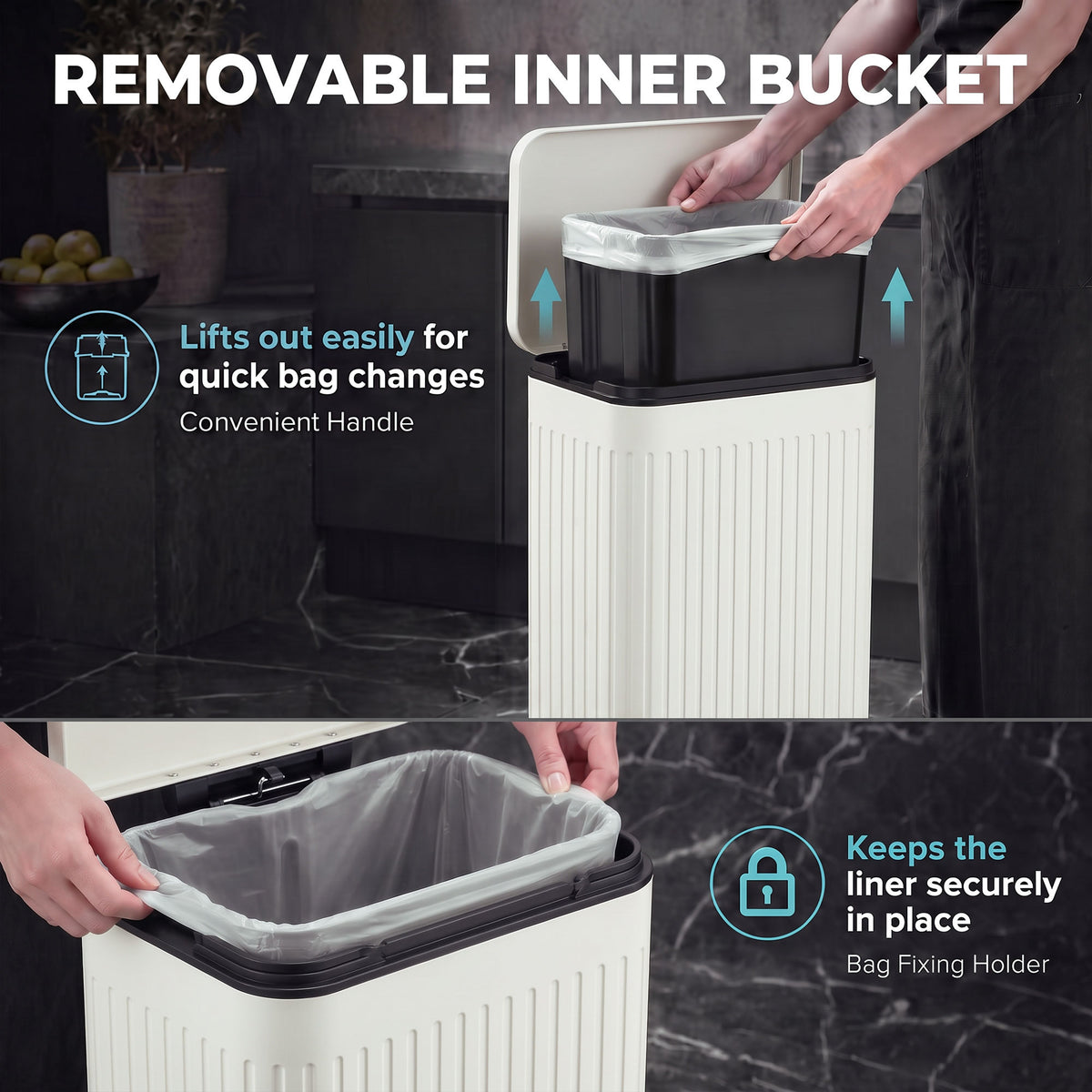 HOMCOM 50L Kitchen Bin, Pedal Bin with Soft-Close and Stay-Open Lid, Removable Inner Bucket, Cream White