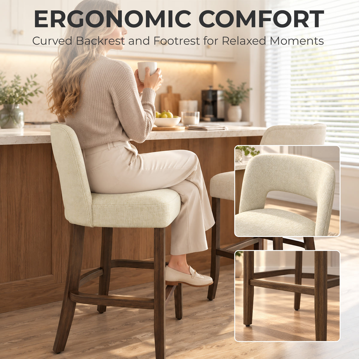HOMCOM Bar Stools Set of 2, Counter Height Bar Stools with Curved Backrest, for Kitchen Island, Dining Room, Living Room, Beige