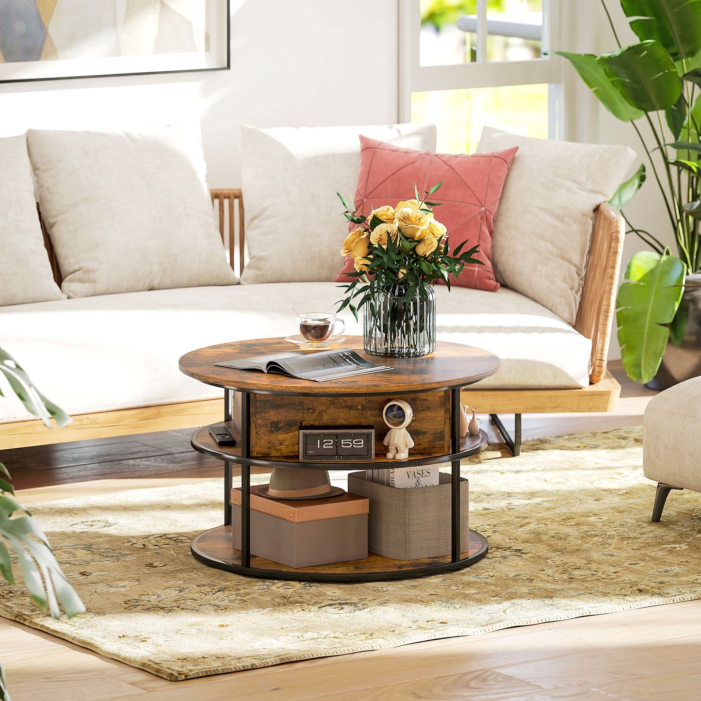 HOMCOM Lift Top Coffee Table, Round Coffee Table with Storage Shelf, Hidden Compartment and Steel Frame for Living Room, Home Office, Brown