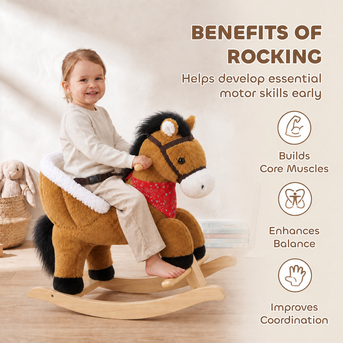 AIYAPLAY Rocking Horse Toy for Toddlers, Plush Ride on Horse with Seat Belt, Lifelike Neigh, Pretend Play Toy for 18-36 M, Brown