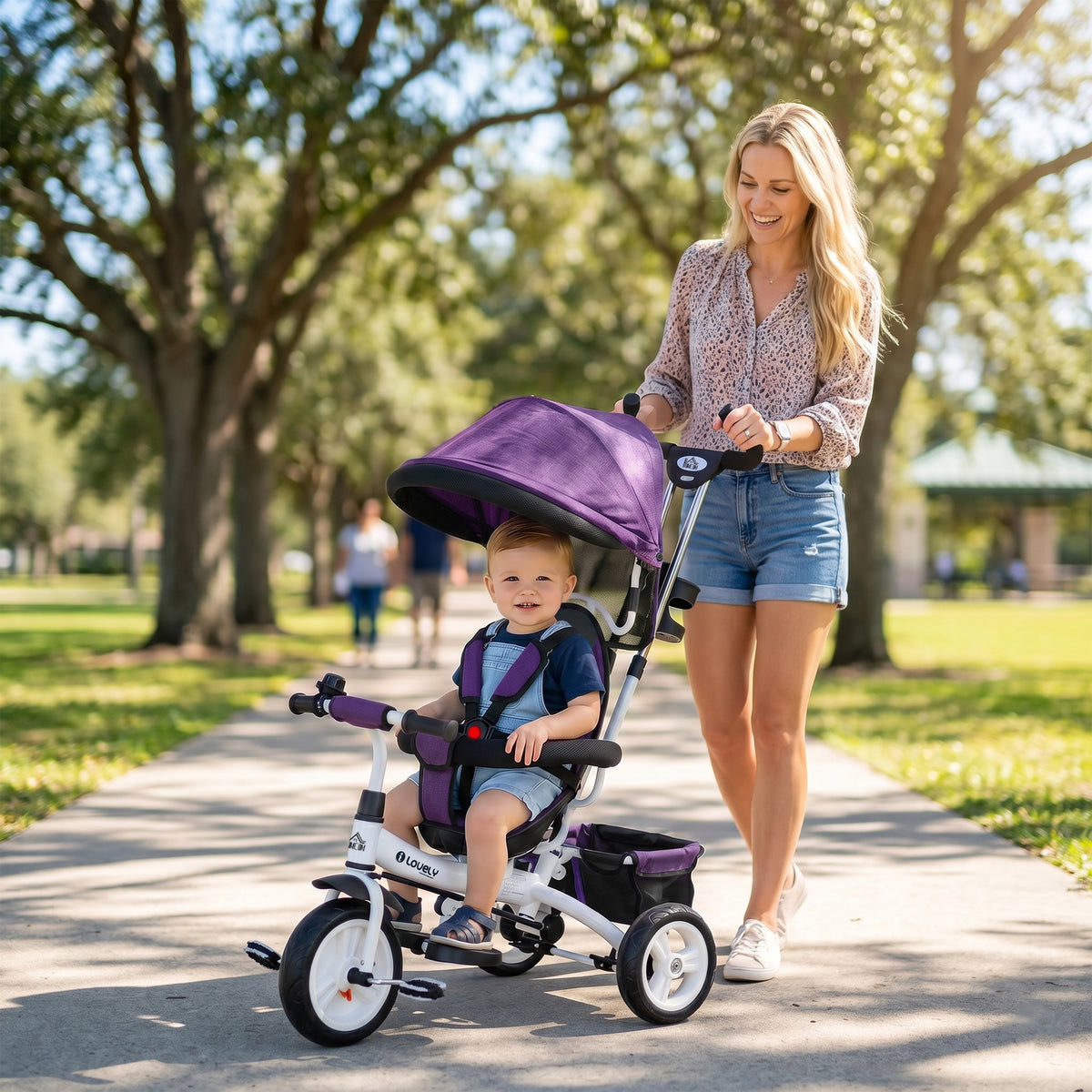 HOMCOM 6 in 1 Kids Trike Push Bike w/ Push Handle, Canopy, 5-point Seat Belt, Storage, Footrest, Brake, for 1-5 Years, Purple