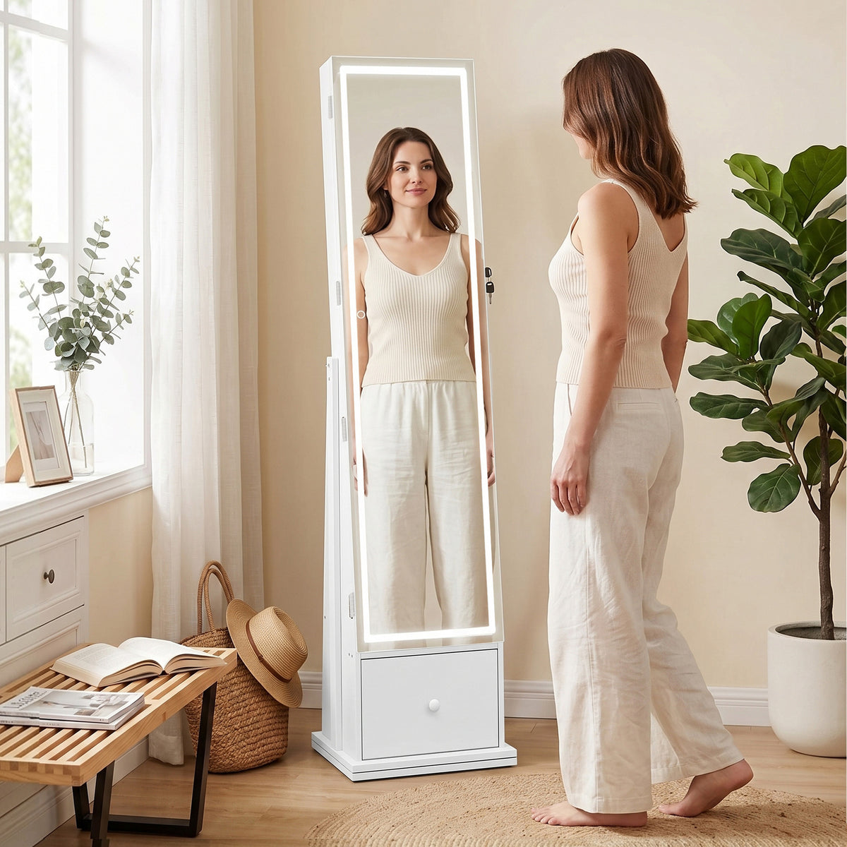 HOMCOM Swivel Jewelry Cabinet with LED Lights, Lockable Standing Full Length Mirror with Storage, 3-Colour Dimmable, White