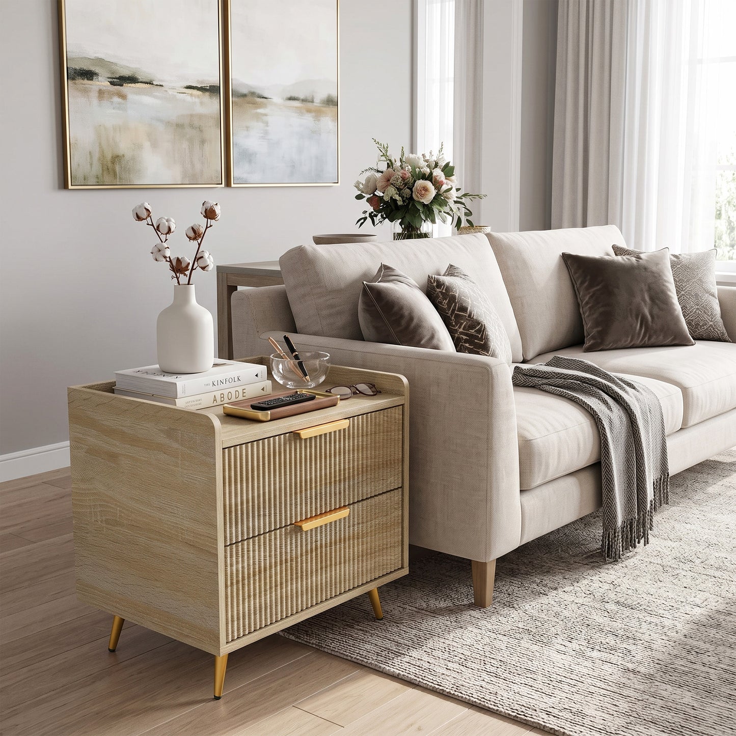 HOMCOM Bedside Table with 2 Drawers, Side End Table with Metal Legs for Bedroom, Living Room, Natural Wood Finish