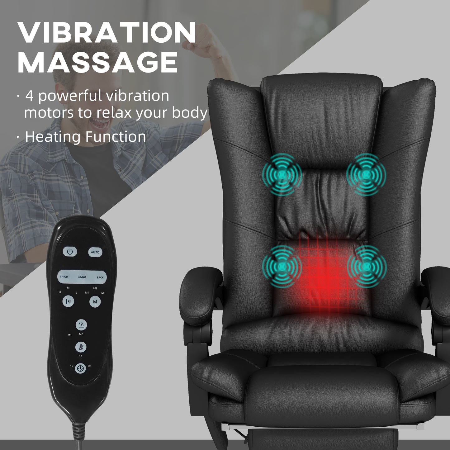 Vinsetto High Back Vibration Massage Office Chair, Heated Reclining PU Leather Computer Chair with 135Â° Reclining Back and Footrest, Black