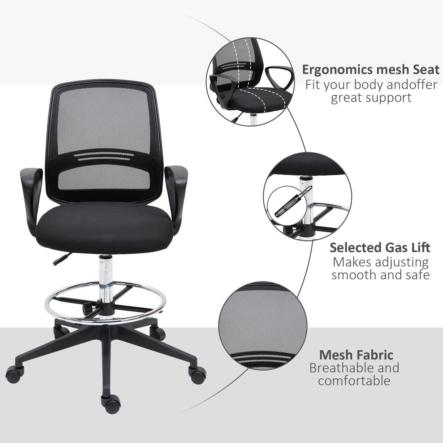 Vinsetto Ergonomic Mesh Back Draughtsman Chair, Tall Standing Desk Chair with Adjustable Height and Footrest 360Â° Swivel, Black