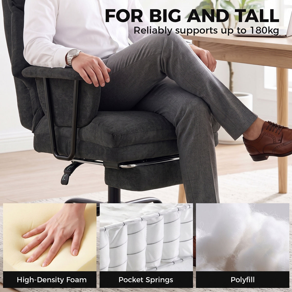 HOMCOM Office Chair, 180kg Heavy Duty Linen Computer Desk Chair with Lumbar Support, Wide Seat, Spring Cushion, Black