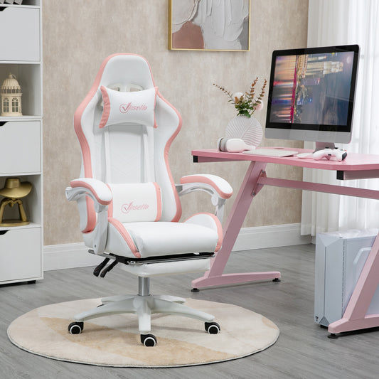 Vinsetto Computer Gaming Chair, PU Leather Office Desk Chair with Footrest, Swivel Wheels, 135Â° Reclining Back, Lumbar Support, Headrest for Home, White and Pink