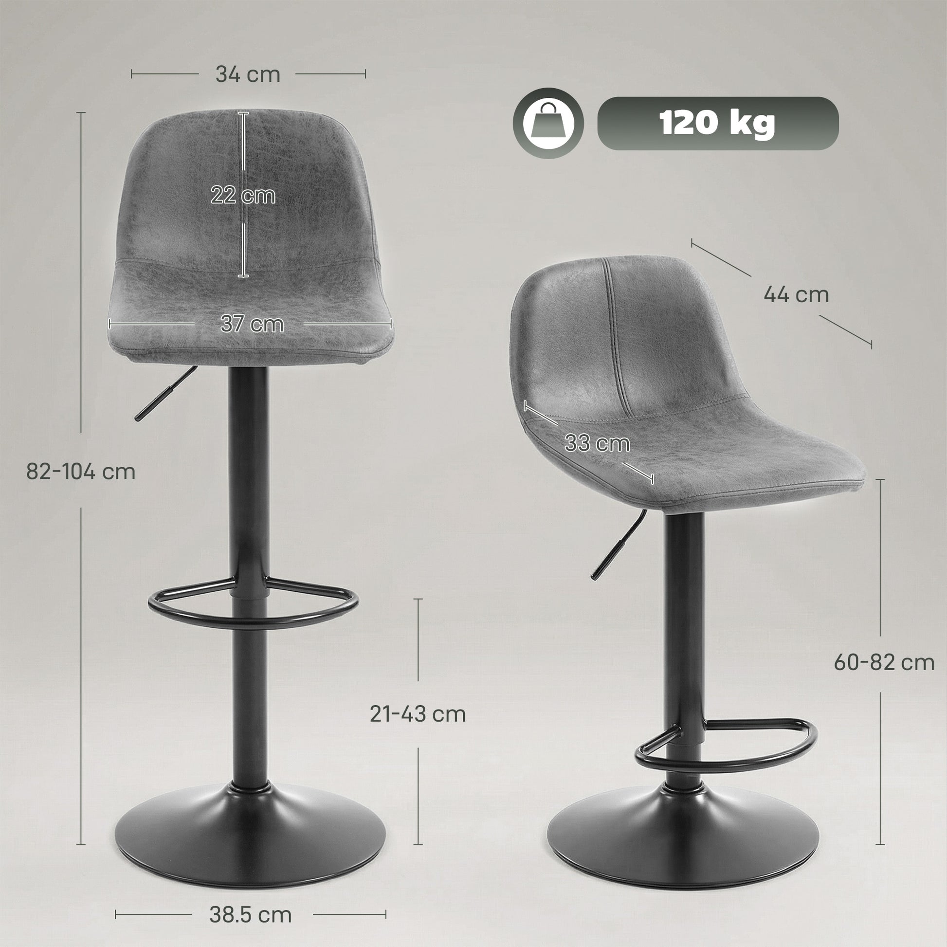 HOMCOM Bar Stools Set of 2, Modern Swivel Barstools with Footrest for Kitchen Island and Dining Room, Grey