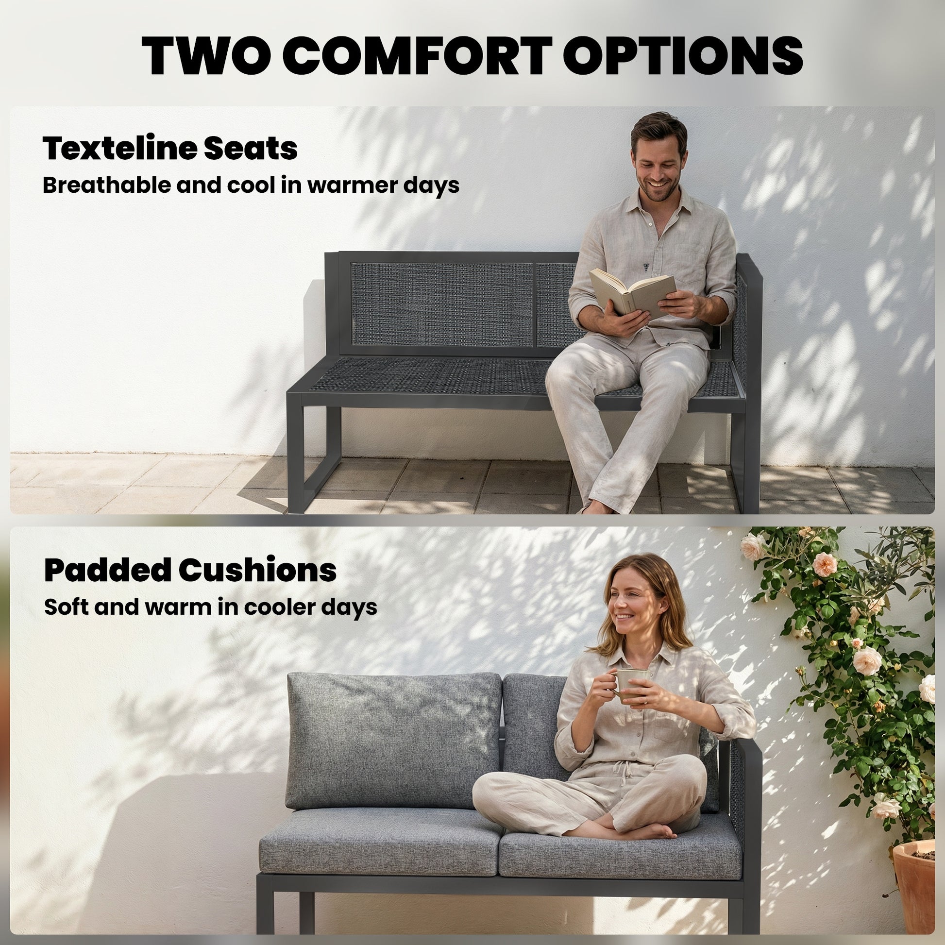 Outsunny 6 Seater Metal Garden Furniture Corner Sofa Set with 3 Loveseats, Faux Wood Table, Texteline Seat, Cushions, Dark Grey