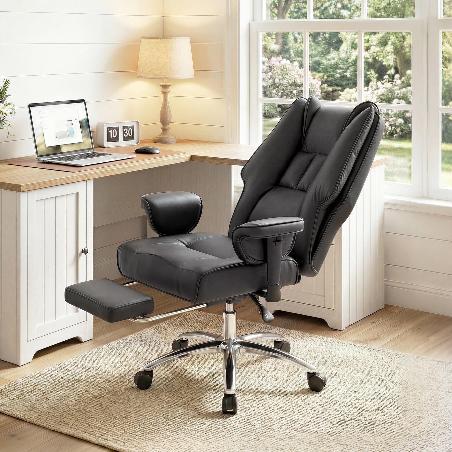 HOMCOM Executive Office Chair, Reclining Desk Chair with Footrest, Adjustable Armrests, Pet Friendly Faux Leather, Black