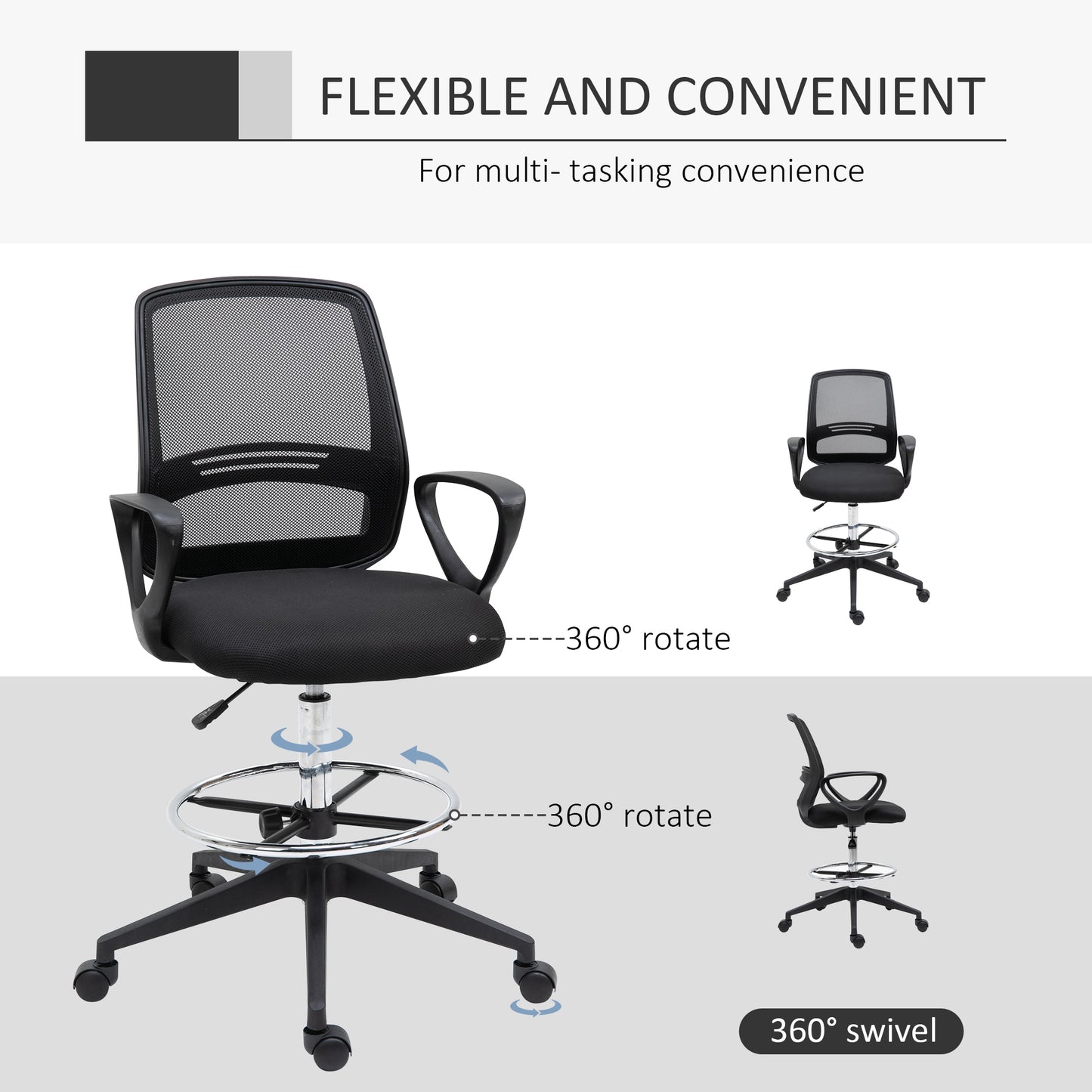 Vinsetto Ergonomic Mesh Back Draughtsman Chair, Tall Standing Desk Chair with Adjustable Height and Footrest 360Â° Swivel, Black
