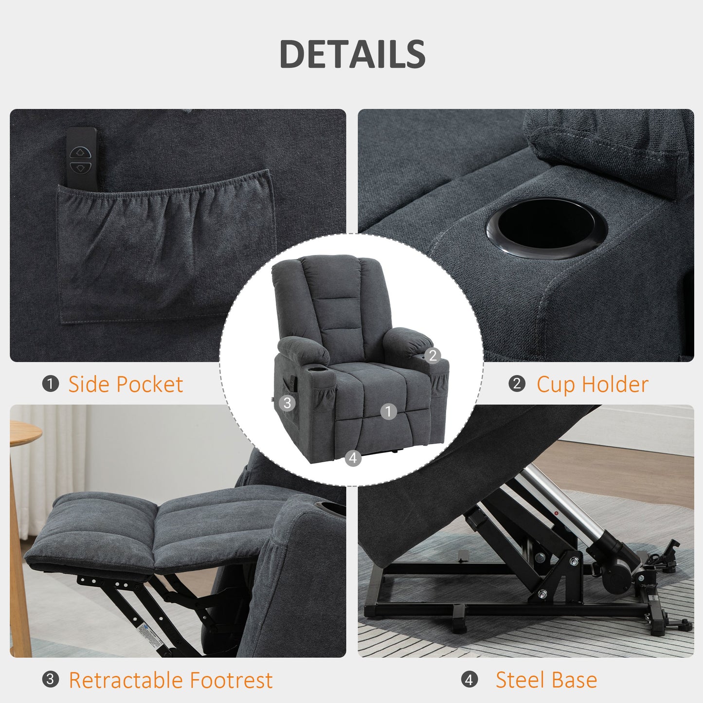 HOMCOM Electric Riser Recliner Armchairï¼Œ Oversized Chair with Cup Holder & Side Pockets for Elderly in Living Room, Charcoal Grey