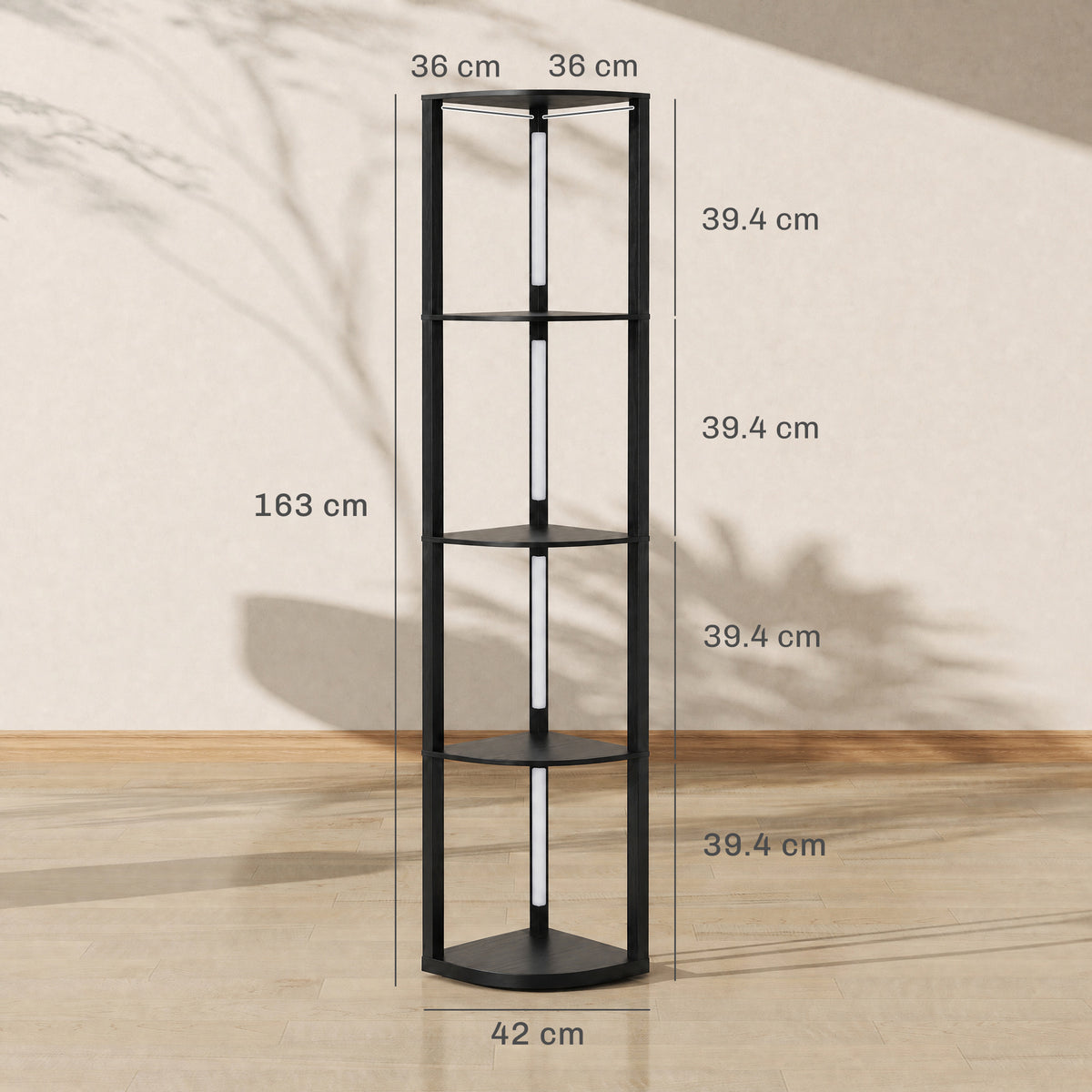 HOMCOM RGB LED Floor Lamp with Shelves, 4-Tier Dimmable Standing Lamp with Adjustable Brightness and Remote Control, Black