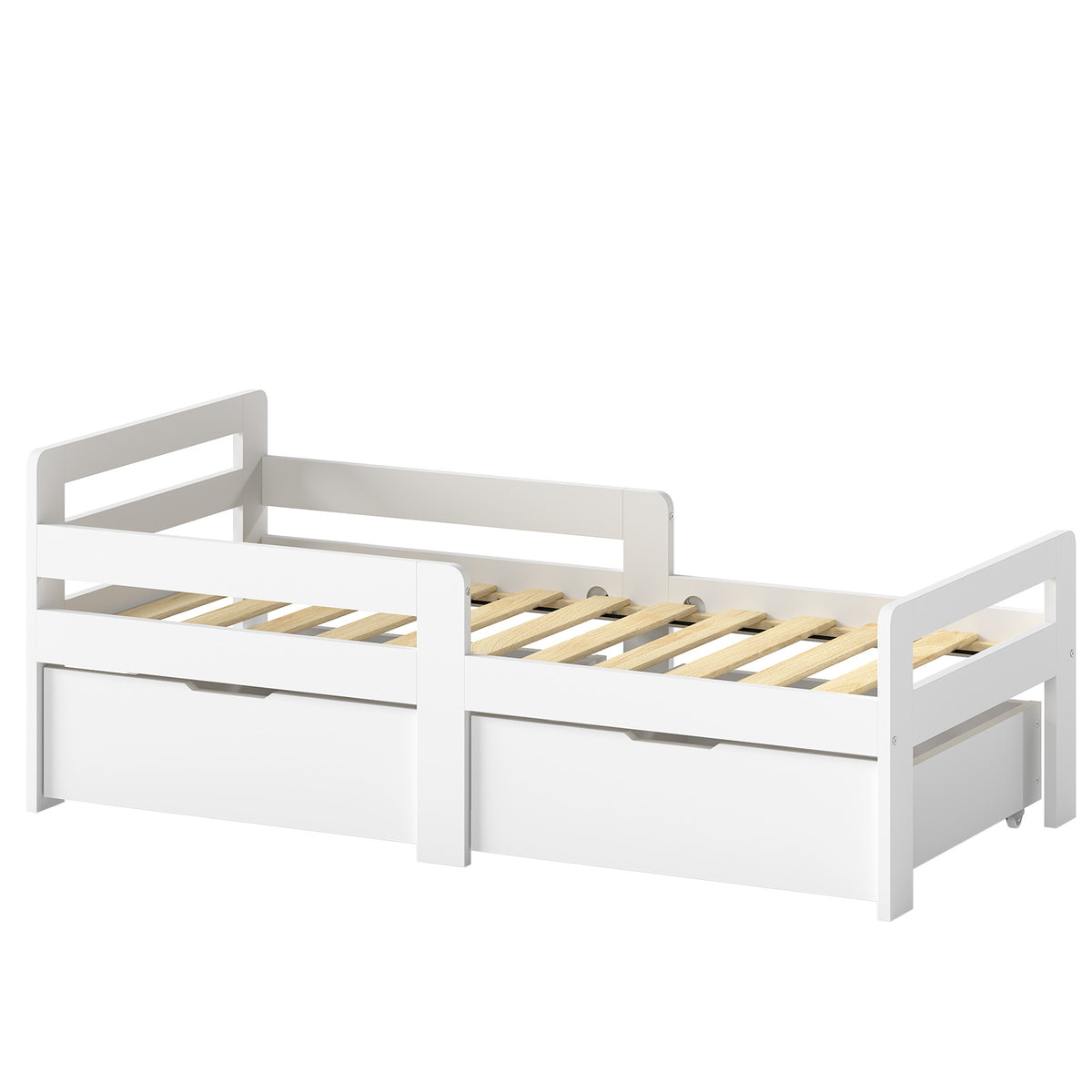 AIYAPLAY Wooden Kids Bed Frame with 2 Storage Drawers and Guard Rails for Ages 4-14, 144 x 76 x 57 cm (No Mattress), White Default Title