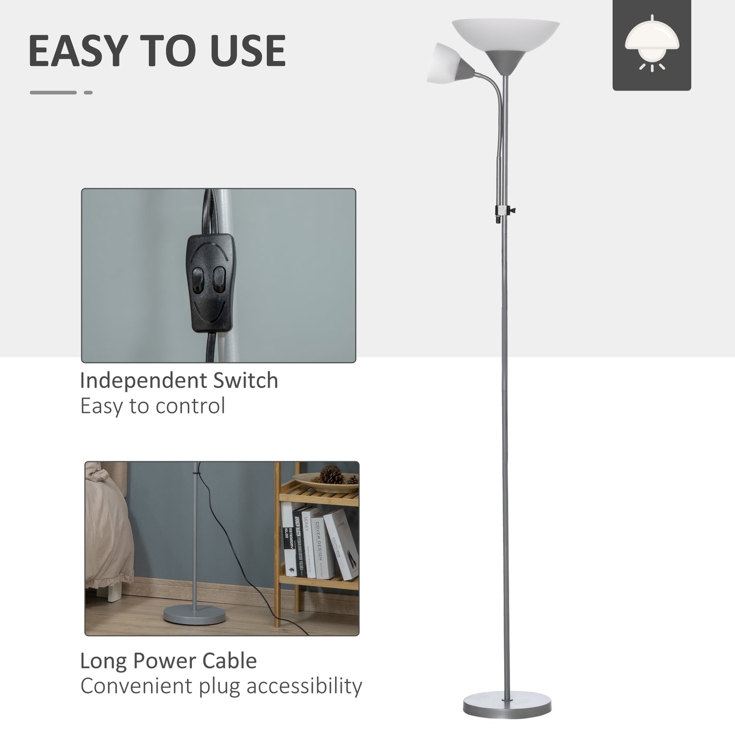 HOMCOM LED Floor Lamp for Living Room, 180cm Tall Standing Lamp, Mother and Child Uplighter with Adjustable Gooseneck, Silver Tone