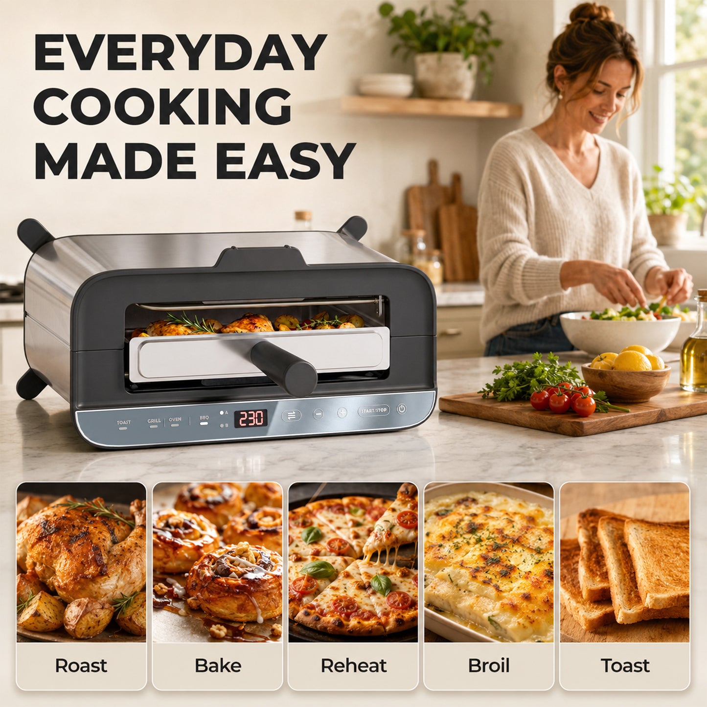 HOMCOM 3-in-1 Electric Mini Oven, Long Slot Toaster and Tabletop Grill, with LED Display, 60 Min Timer, Stainless Steel, 1700W