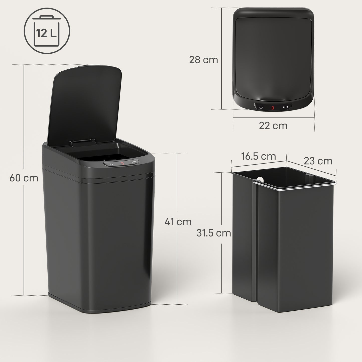 HOMCOM 12L Sensor Bin, Automatic Touchless Motion Sensor Kitchen Bin with Fingerprint Resistant Stainless Steel, Black