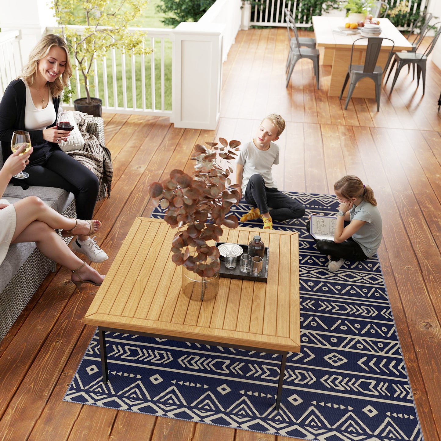 Outsunny Reversible Outdoor Rug with Carry Bag, Waterproof Plastic Straw Mat for Garden, Deck, RV, Picnic, Beach, Camping, 182 x 274cm, Dark Blue and White